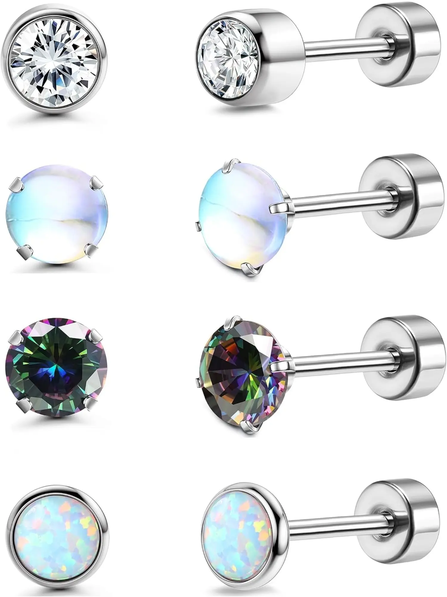 4 Pairs Titanium Earrings for Women Men, Flat Back Opal Moonstone Onyx, Cartilage Studs