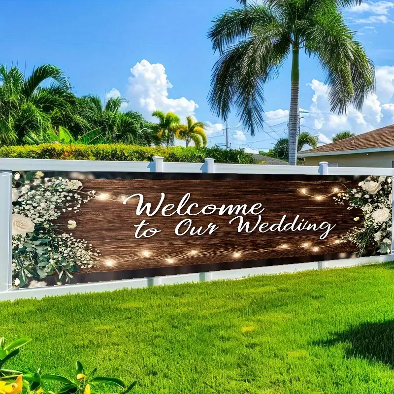 2D Flat Wedding Welcome Banner - Polyester Floral-Print Decor, Fade-Proof, Fade-Resistant, Easy to Clean, Fits Anywhere You Need a Sign, No Electricity Needed, with Cedar, Reindeer, Goose, Knitted Holding Card, Wooden Patterns for Lawn, Indoor Parties