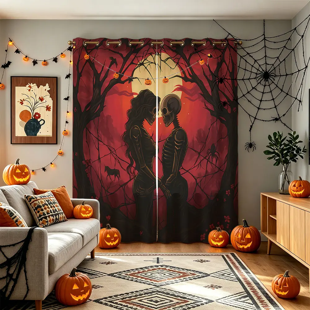 Dark Horror Gothic Halloween 2 Panel Blackout Curtains, Dead Tree Skeleton Bat Print Window Drapes, Spooky Haunted Forest Bedroom Decor Curtains