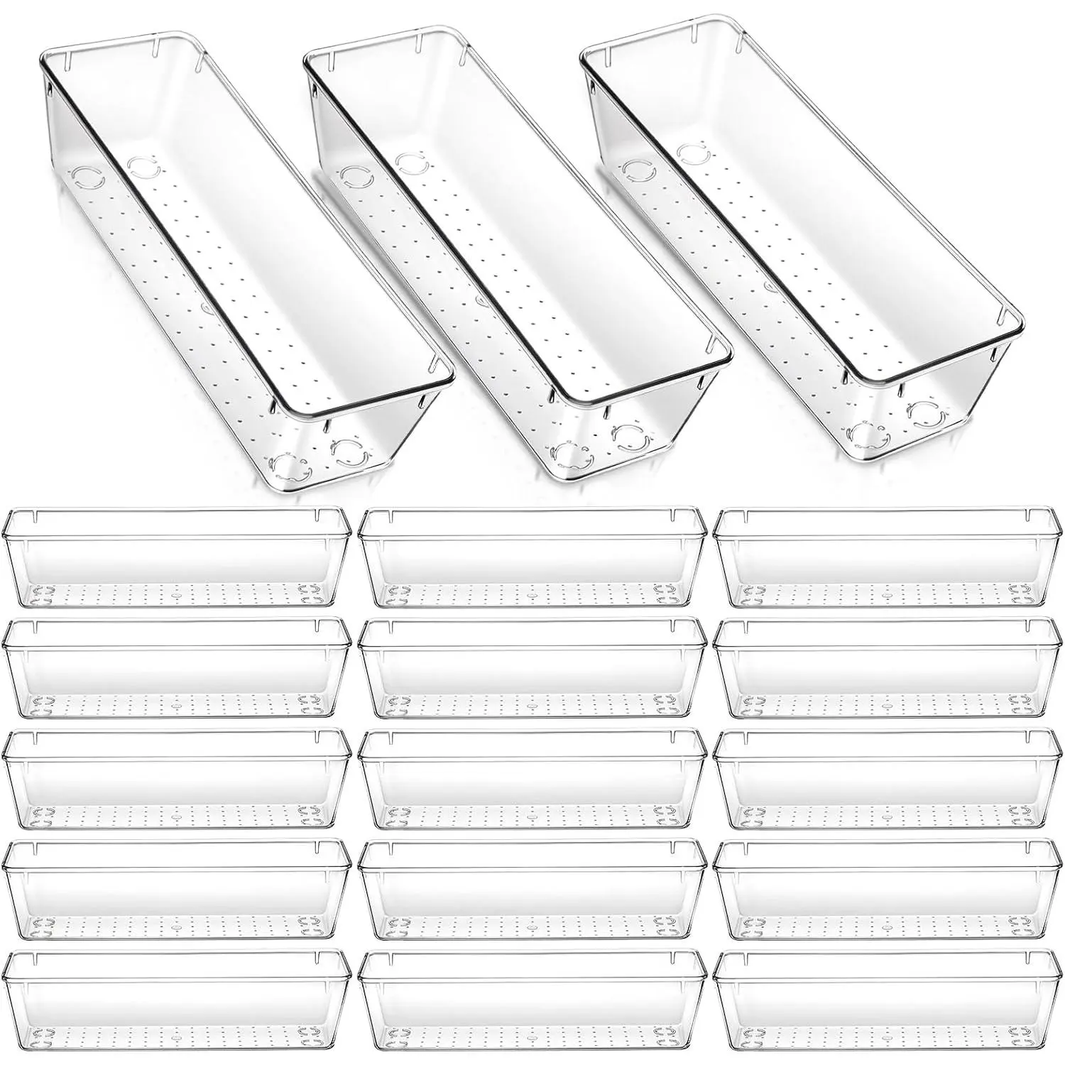 18 Pcs Clear Plastic Drawer Organizer 9 x 3 x 2 Inches| Kitchen Bathroom Fridge Utensil Vanity Drawer Organizers Tray Makeup Storage Organizer Drawers Trays for Organization Office