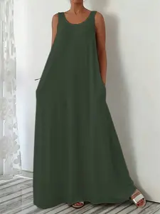High Waist Slimming Dress for Women, Spring Summer New Arrival, Casual Solid Long Dress, Loose Sleeveless Round Neck Fairy Dress, Wearable Outerwear