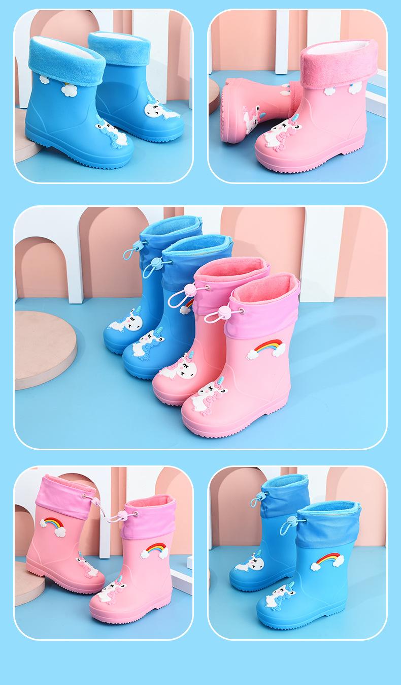 Children's Rain Boots Girls' Elastic Cuff Fleece-Lined Boys' Non-Slip Water Shoes Four Seasons Cartoon Cute Princess Rain Boots Kids' Rain Shoes
