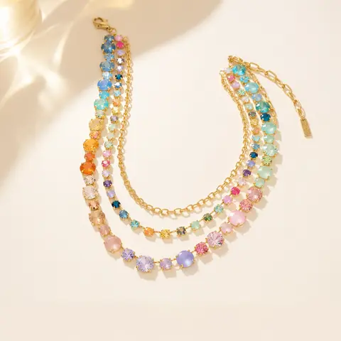 Women's 3-Layered Multicolor Rainbow Iridescent Zircon Statement Necklace, Round Crystal Pendant Stackable Jewelry for Casual Wear Females, Crystal-Adorned & Colorful Stone Necklaces with Multicolored Shine Gift chains men's jewelry gifts for girlfriend