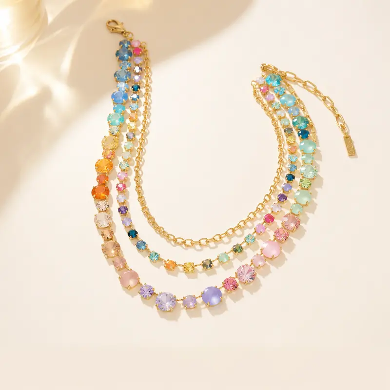 Women's 3-Layered Multicolor Rainbow Iridescent Zircon Statement Necklace, Round Crystal Pendant Stackable Jewelry for Casual Wear Females, Crystal-Adorned & Colorful Stone Necklaces with Multicolored Shine Gift chains men's jewelry gifts for girlfriend