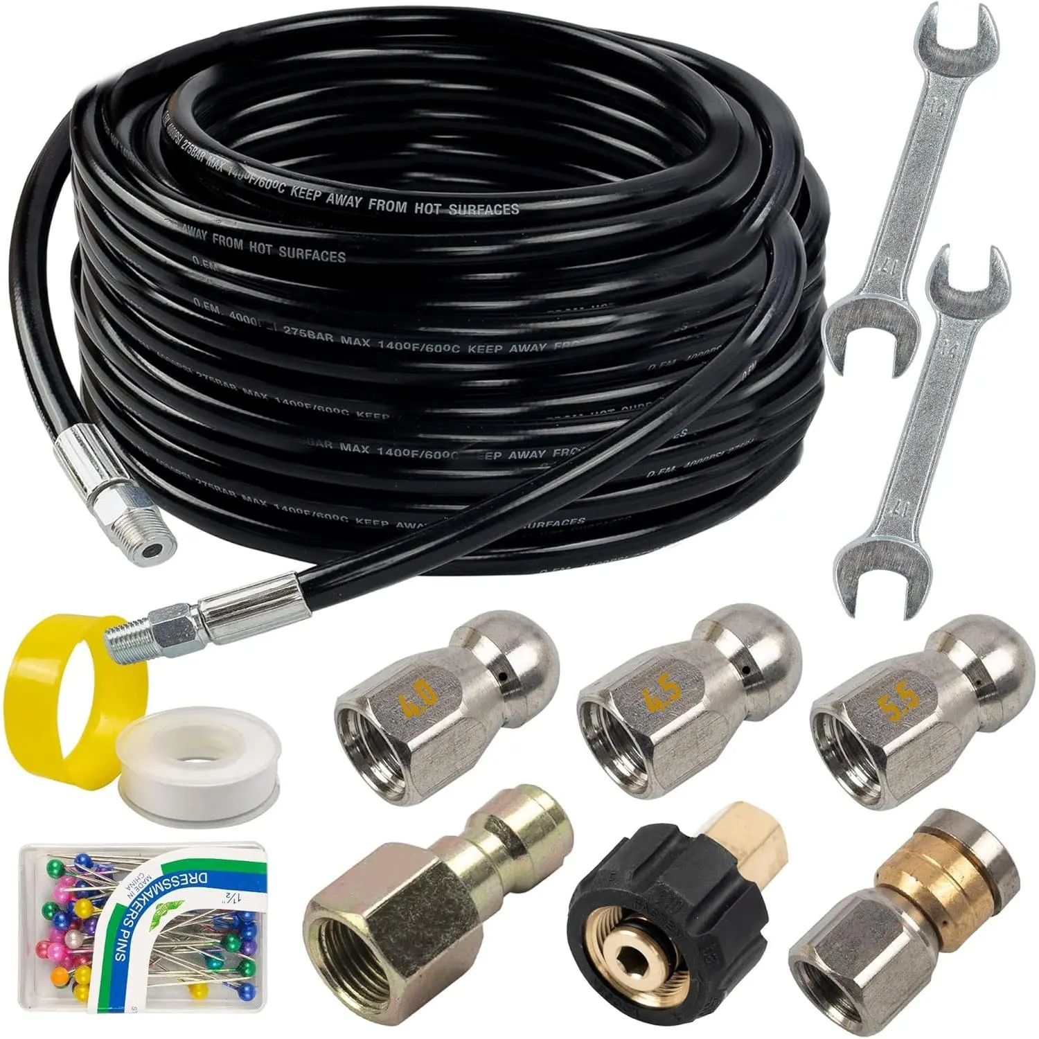 Sewer Jetter Kit for Pressure Washer 50FT, Drain Cleaner Hose 1/4 Inch NPT, Orifice 4.0 Button Nose and Rotating Sewer Jetting Nozzle Spanner Tape Pearl Corsage Pin, 4000 PSI