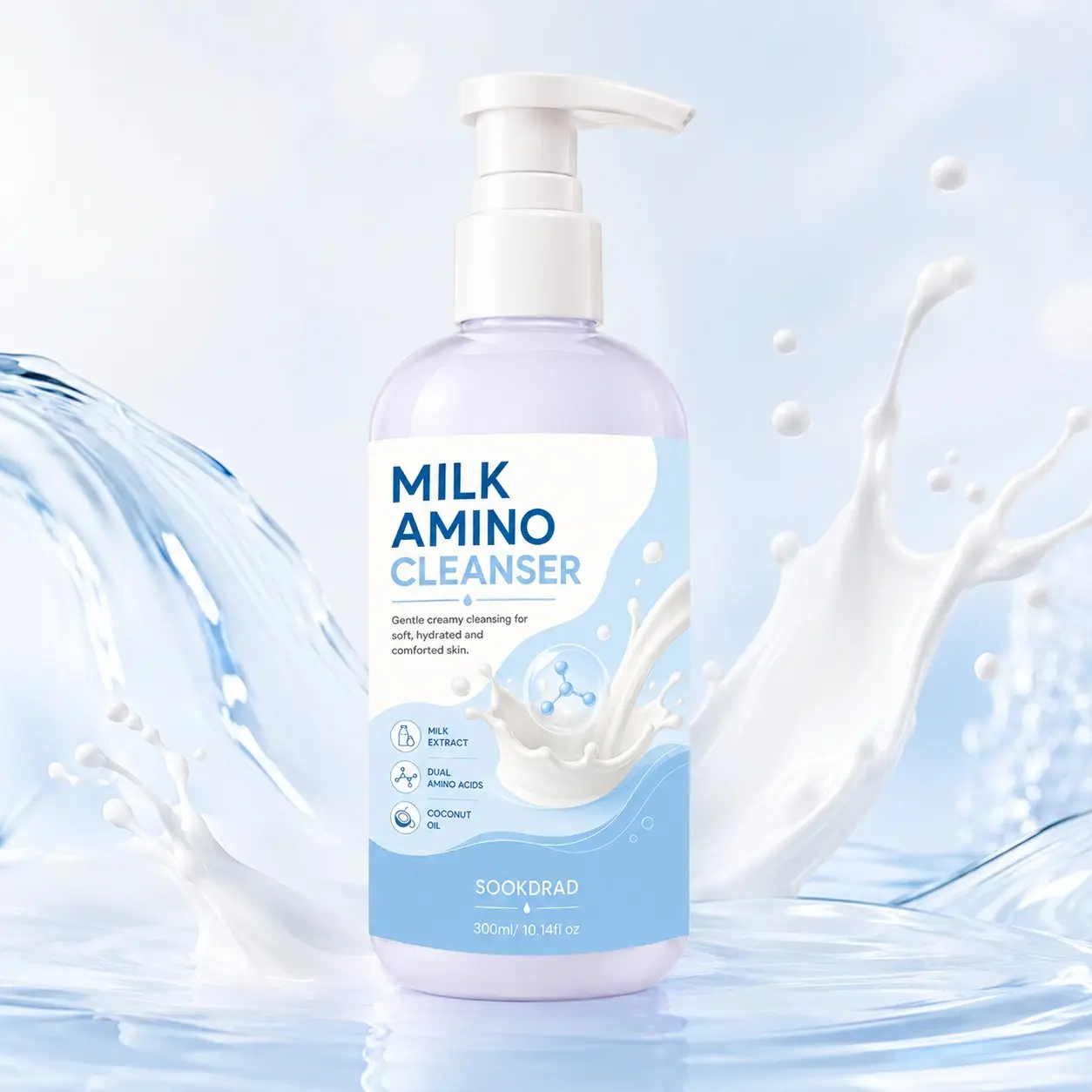 Milk Amino Cleanser, milk extract, dual amino acids, coconut oil, gentle creamy cleansing, soft skin, hydrated skin, comforted skin, facial cleanser, daily cleansing, 300ml/10.14fl oz