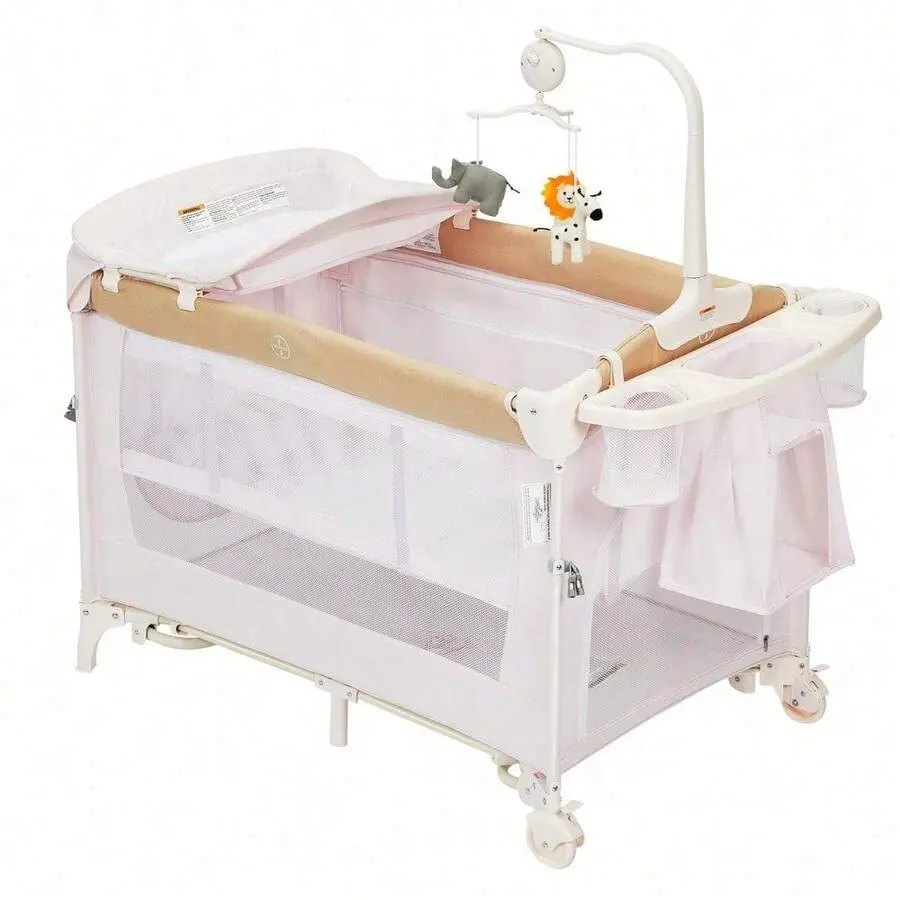 4-in-1 Baby Playard and Pack-and-Play with Diaper Changer - Rocking Bassinet & Bedside Crib with Rotating Toy Bar, Large Playpen with Storage Pockets for Newborn Toddler