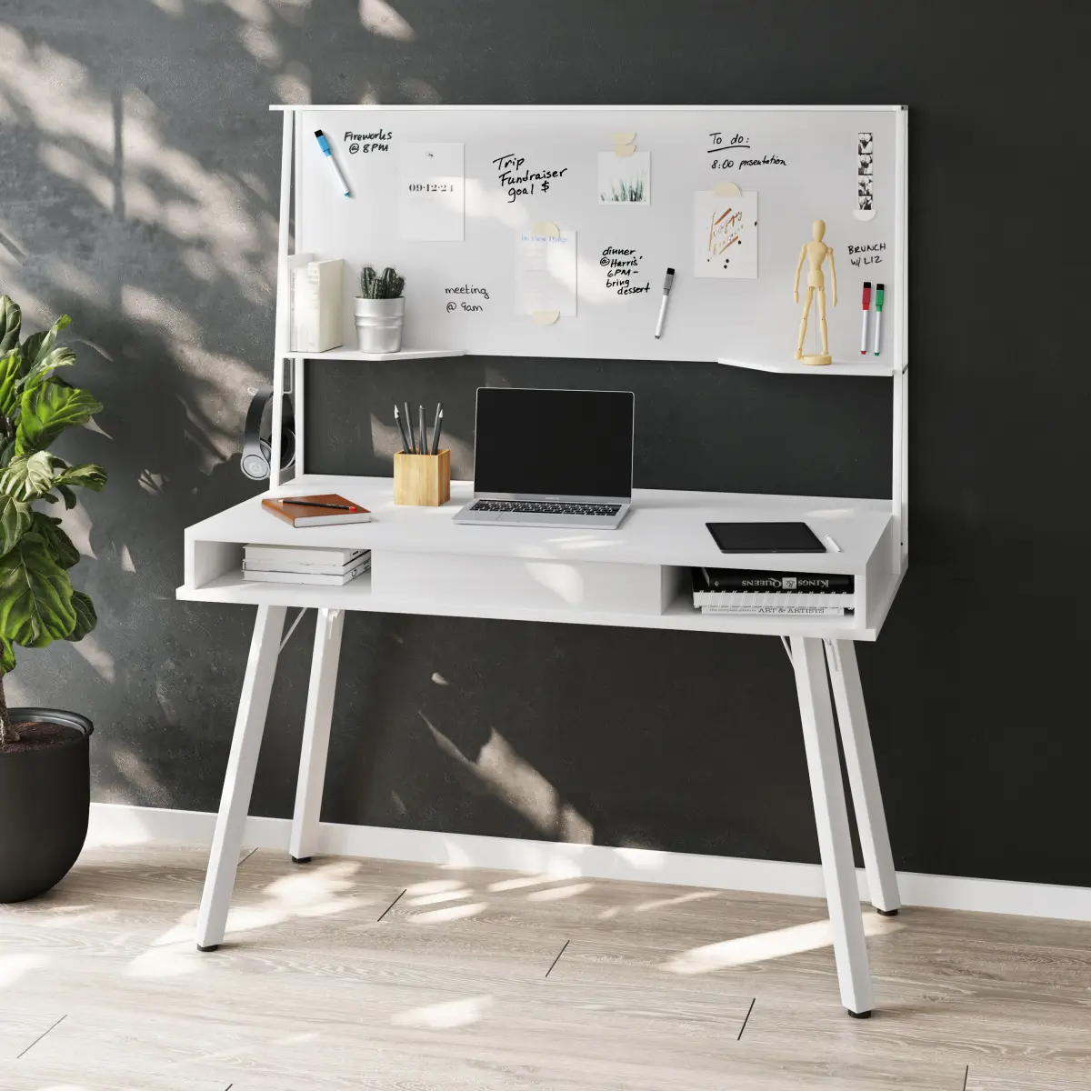 Techni Mobili White Laminate Office Study Computer Desk - MDF Panels, Open Shelf, Drawers, Magnetic Dry Erase Whiteboard, On-Site Storage