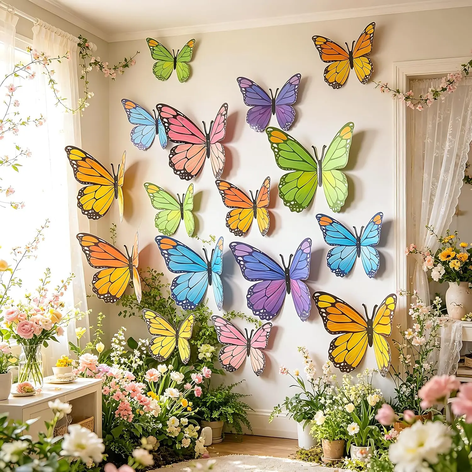 24 Pcs Large Butterfly Decorations, 3D Hanging Butterfly Decorations, 2 Sizes Realistic Paper Butterfly Wall Decor for Birthday, Baby Shower, Wedding, Classroom Decoration, Paper Flower Decor