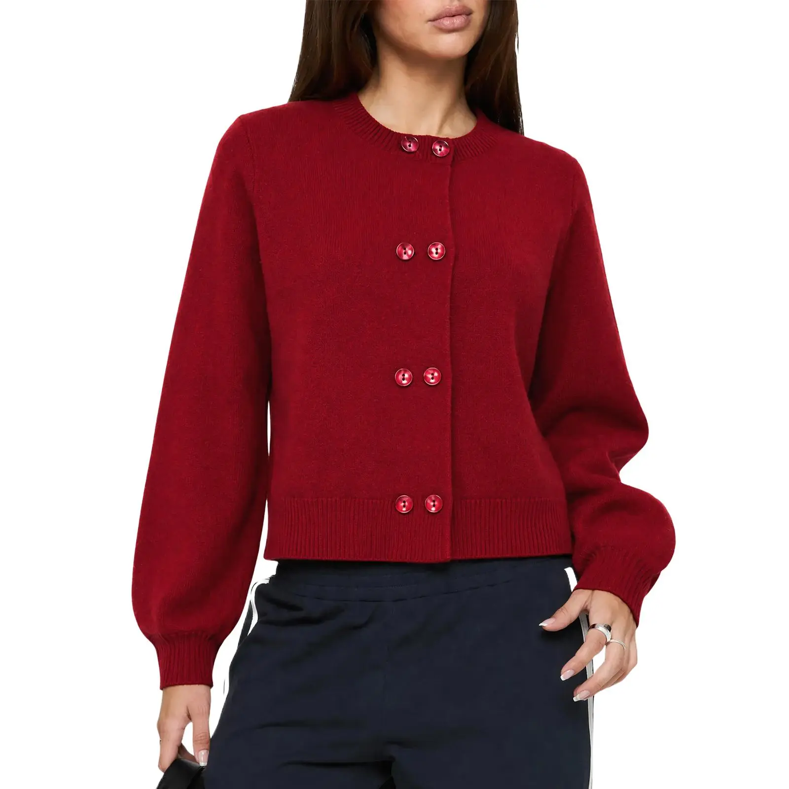Imily Bela Women Double Breasted Puff Sleeve Cropped Knit Cardigan Soft Sweater Jacket