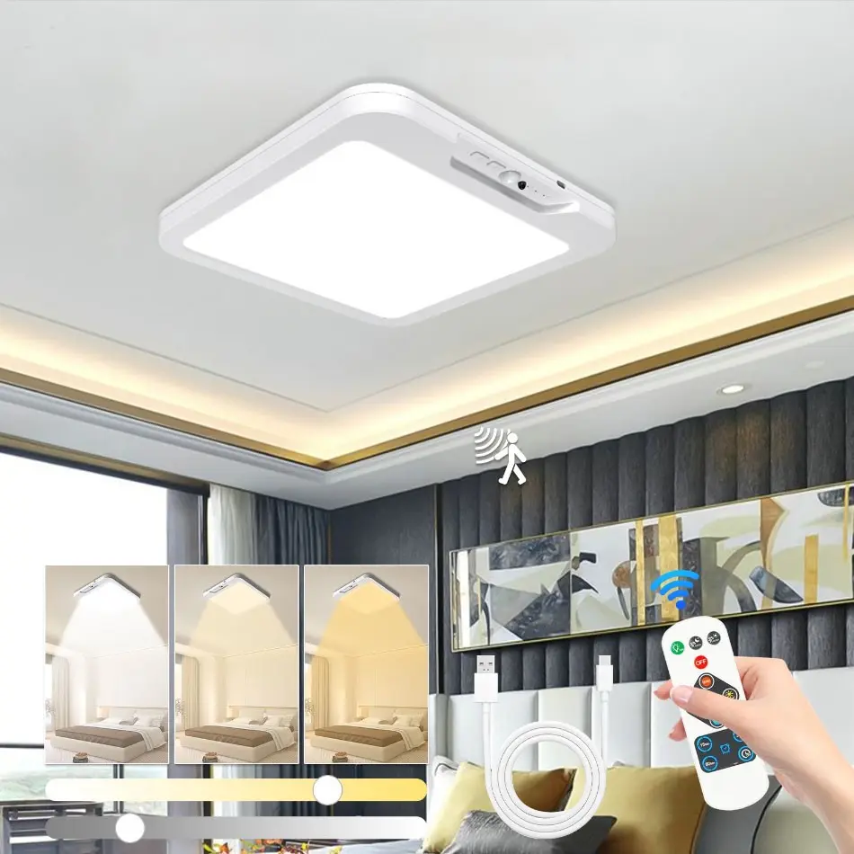 Square Body Sensor Ceiling Light, No Wiring Required, Two Installation Options, Remote-Controlled Dimming, For Bedroom, Living Room, Kitchen, Hallway, Staircase, and Balcony Lighting, Indoor Lighting Fixture, Dimmable Ceiling Light