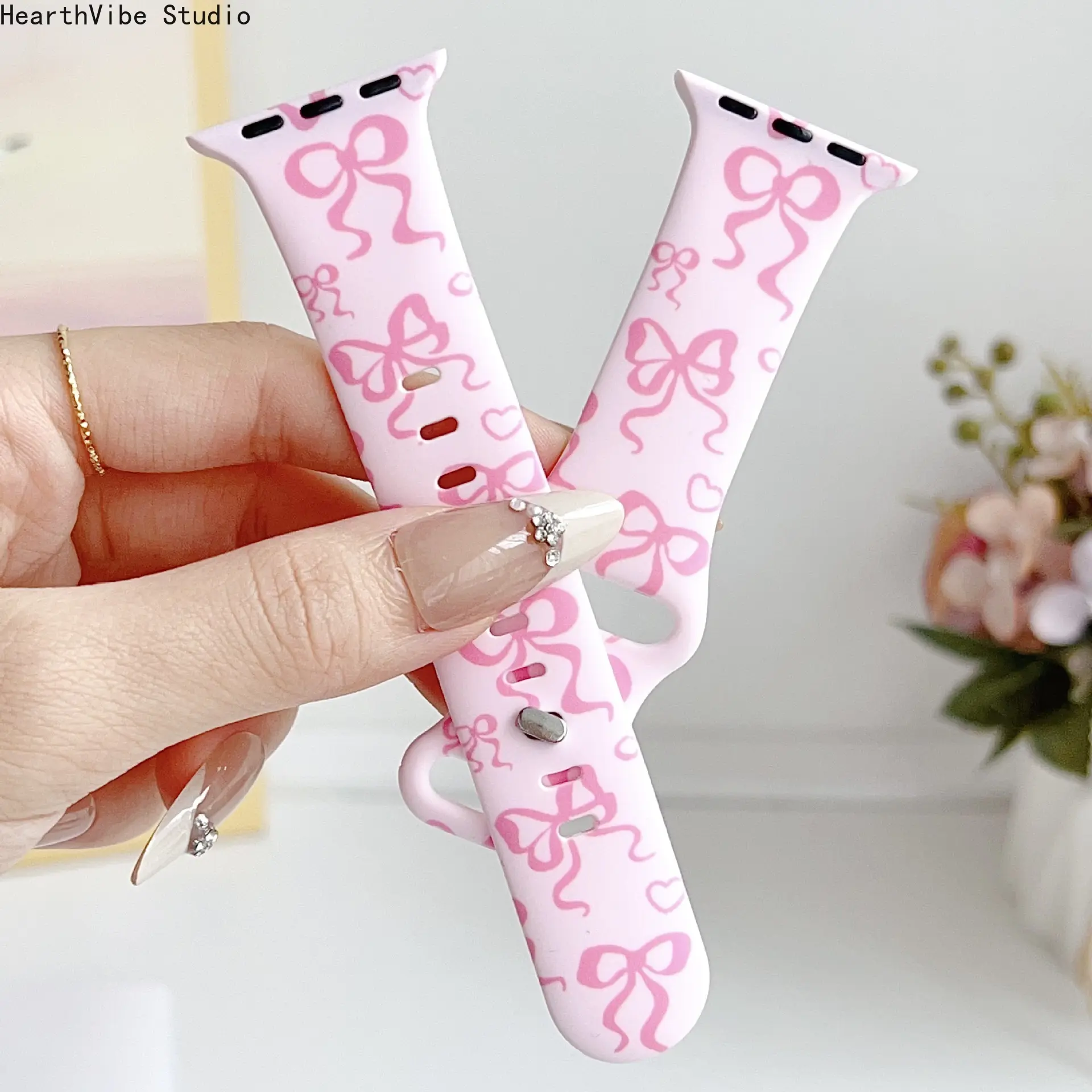 Pink Coquette Bow Silicone Watch Band Cute Ribbon Print Sport Strap Compatible with Apple Watch Series 11 10 9-3 SE Ultra Daily Girl Gift