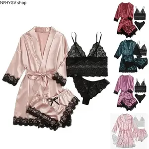 Chic Four-Piece Sleepwear Kit For Ladies Consists Of Floral Lace Cami, Loose Robe And Relaxed Shorts, Soft Lightweight Fabric Ensures All-Day Coziness, Elegant Floral Design Pajama Perfect For Indoor Daily Relaxation And Night Sleep Styling