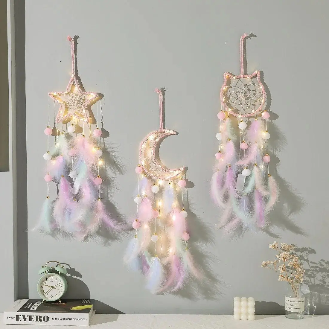 Hanging Wind Chimes Handmade Material Kit Dreamcatcher Feather Weaving Pendant with Light Bedroom Home Decoration
