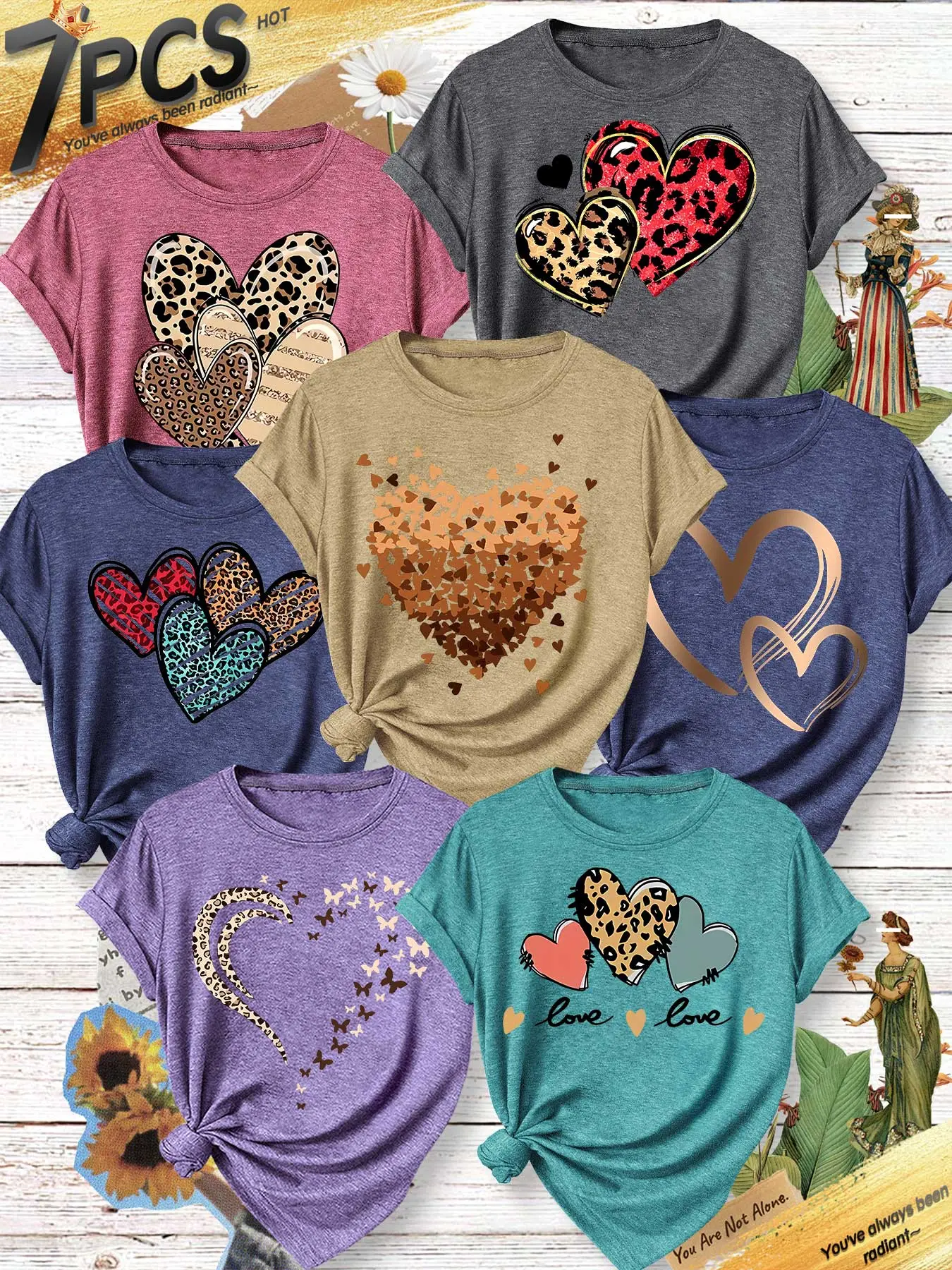 7PCS Women Casual Crew Neck Tee, Round Neck, Gradient Hearts & Glitter Leopard Heart Mix Print, multi-color, washable, soft spring summer top, Casual Crewneck Tops