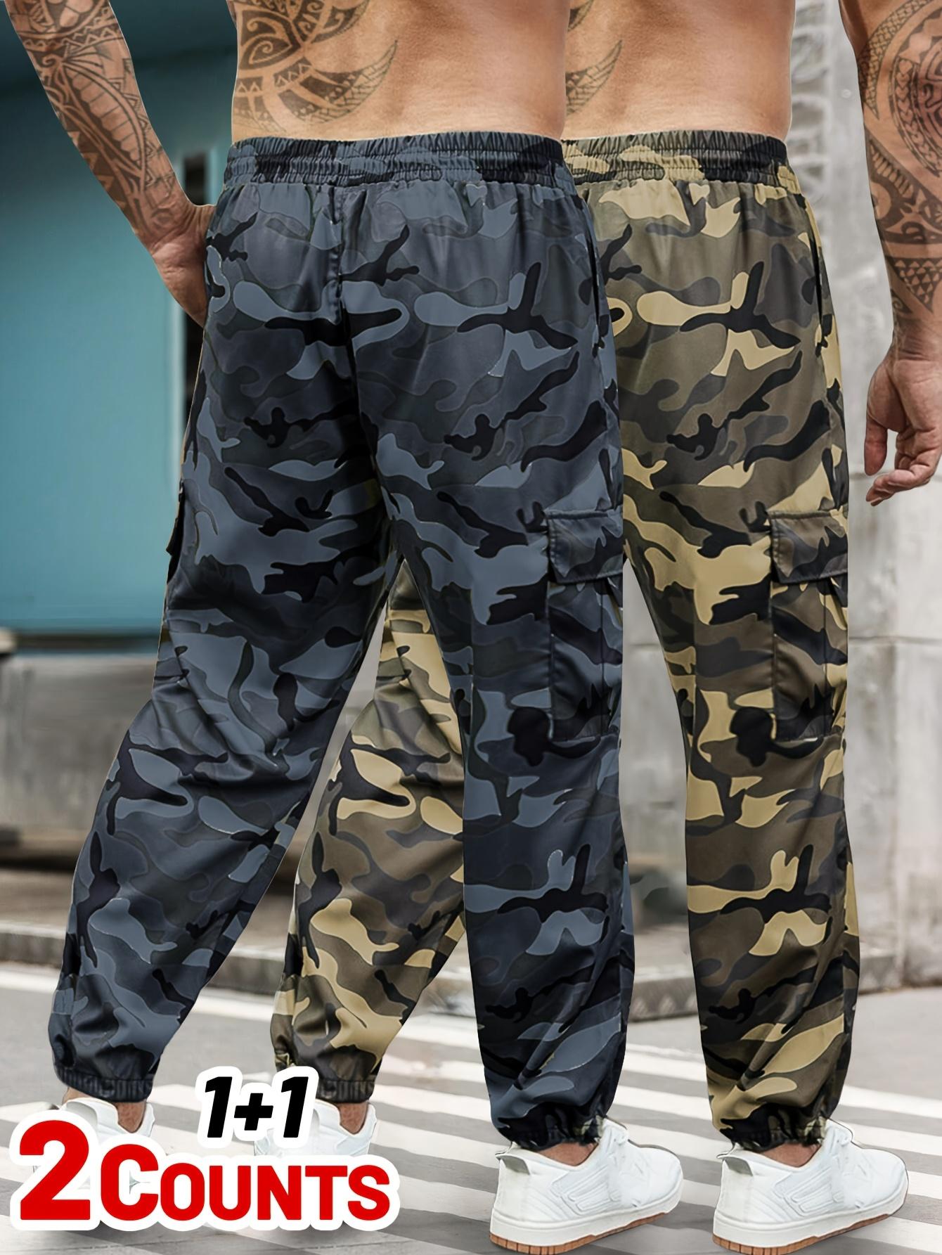 Men's 2-piece camouflage workwear, ankle tied casual pants Multi pocket drawstring elastic waist loose sports work pants two-piece set Outdoor military style camouflage work pants 2-piece combination