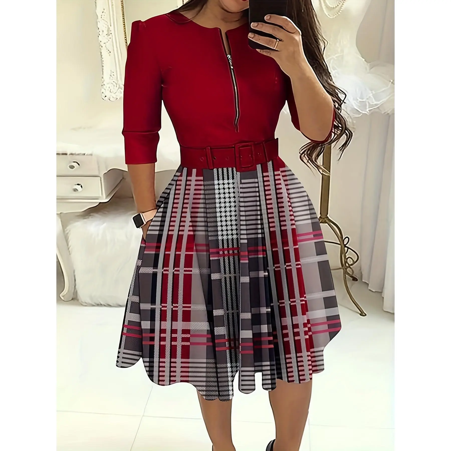 Plaid Patchwork Dress, Casual Half-zip 3/4 Sleeve V-neck Dress