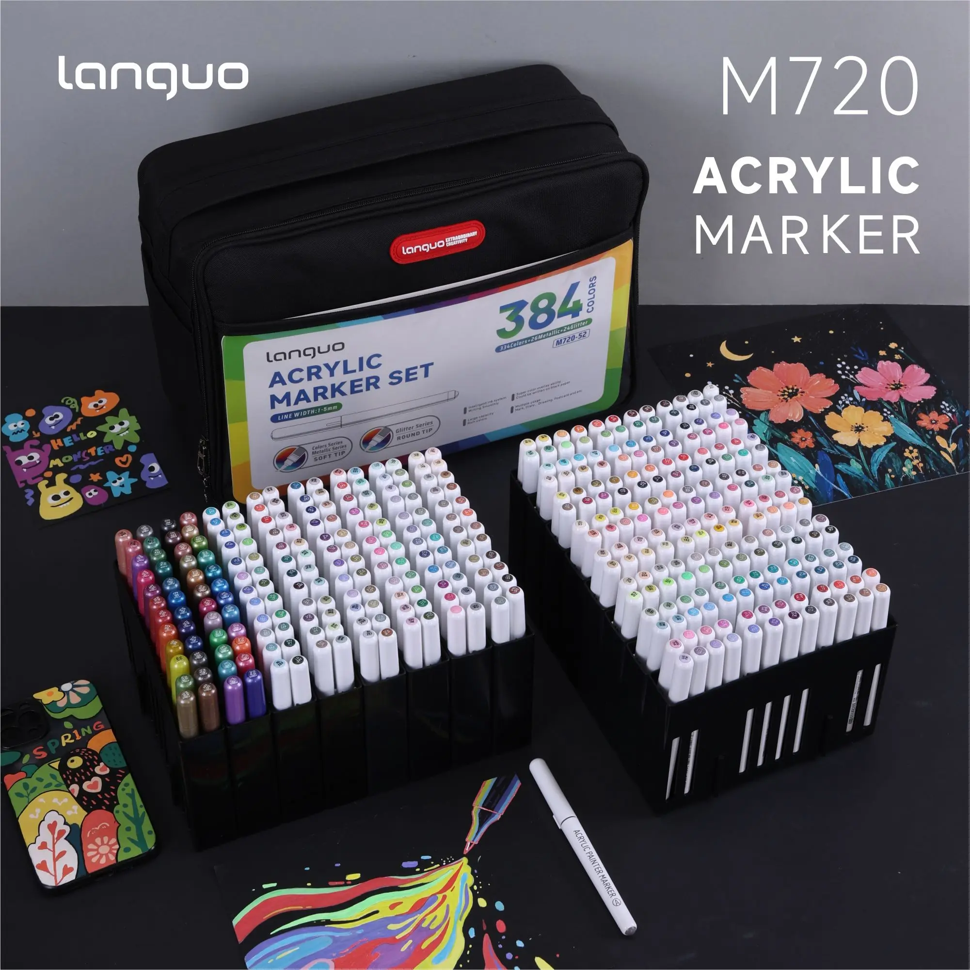Languo Acrylic Marker Set 240/288/384 Colors, Soft Tip, Ink Refillable, Layering, Non-See-Through, Art Supplies, Back-To-School Gift