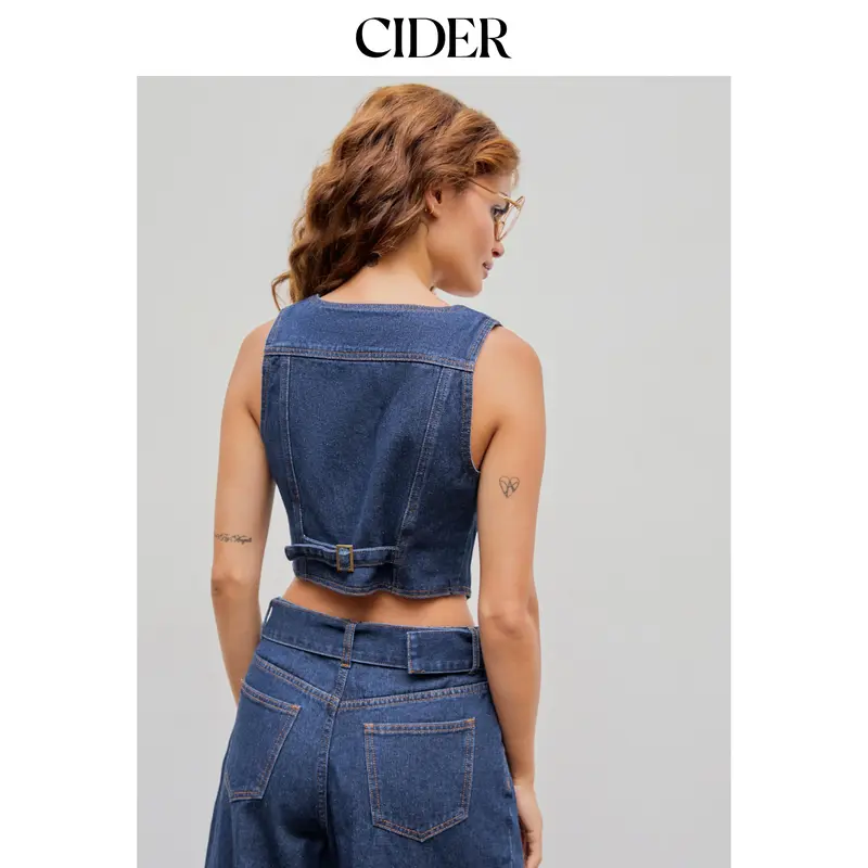 Cider Napoleonic Core Women's Fitted Denim V-neck Button Vest
