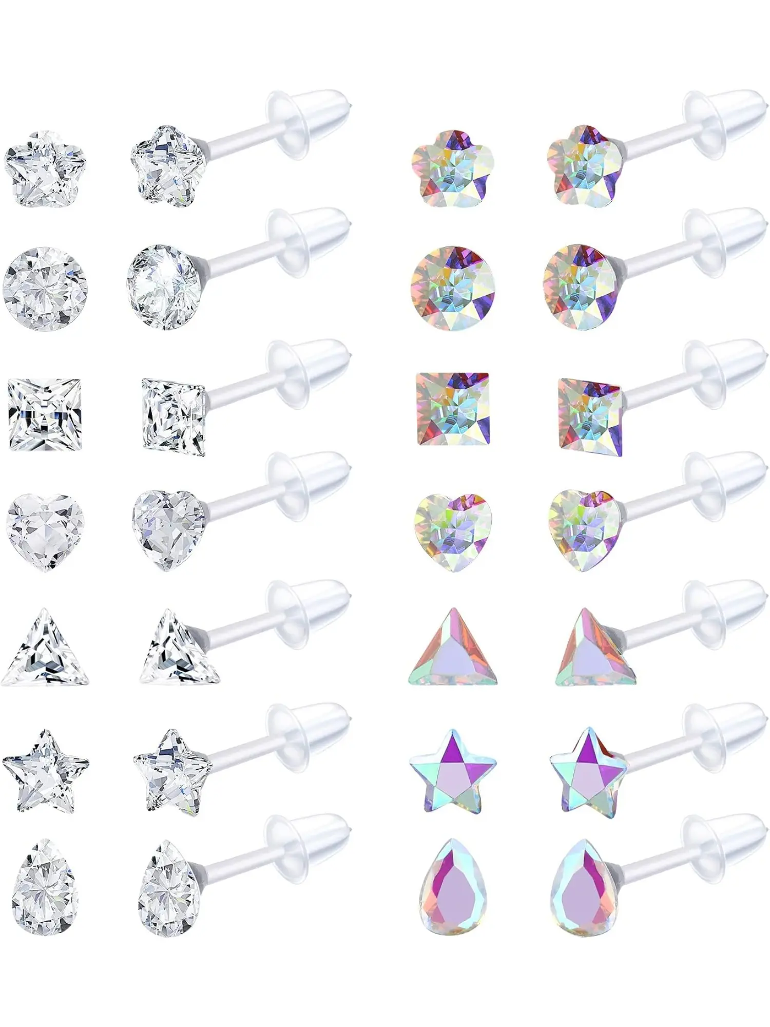 14 Pairs Unisex Clear Plastic & Rhinestone Acrylic Stud Earring Set, Hypoallergenic Invisible Piercing Retainer Studs, Non-Irritating Clear Earrings For Sports Gym Work School Daily Wear