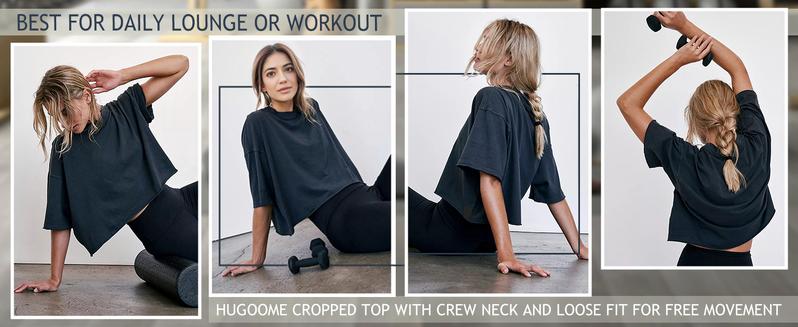 Women's Oversize Workout Crop Tops Casual Short Sleeve Drop Shoulder Boxy T-Shirts Roll Hem Basic Loose Running Tees