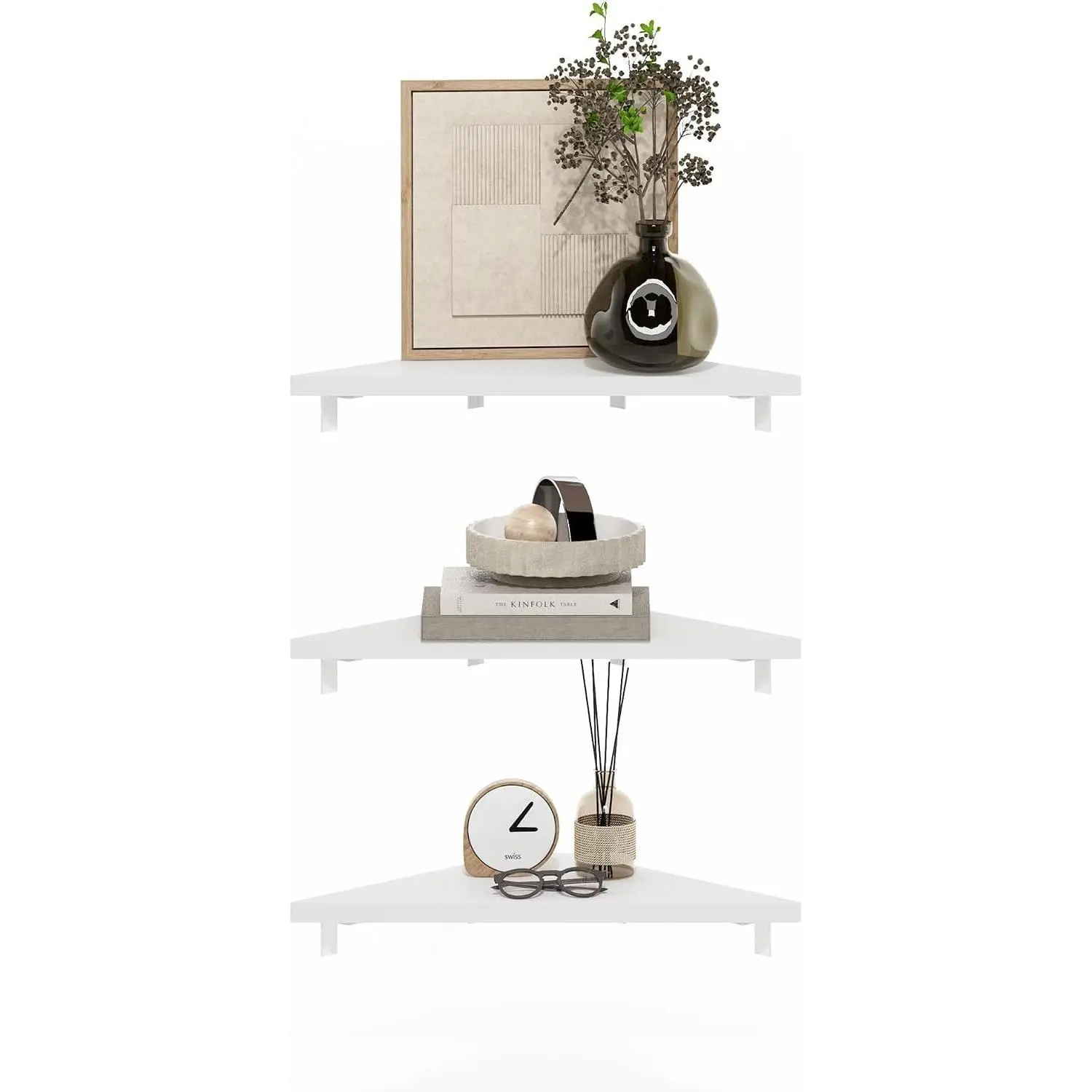 Triangle Floating Shelves for Wall, Set of 3 Geometric Corner Shelf, Wall Mounted Shelves for Bathroom, Home Office, Living Room, White