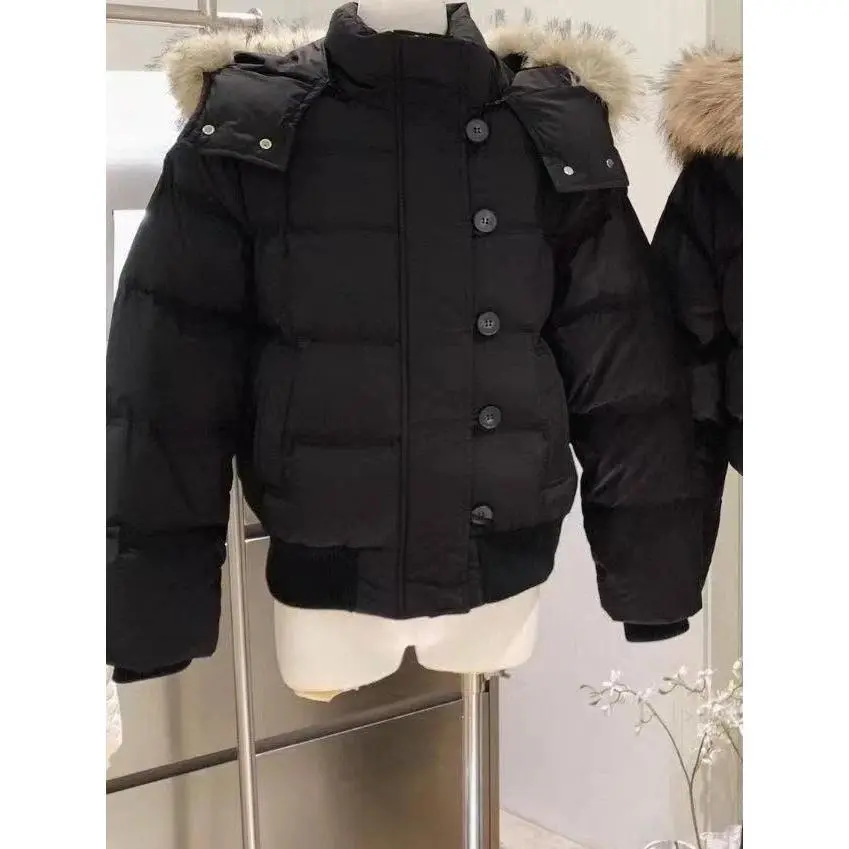 Puffer Jacket Women American Retro Fur Collar Hooded Short Winter Slim Fit Warm Coat Casual Outerwear Parka Padded Crop Tops