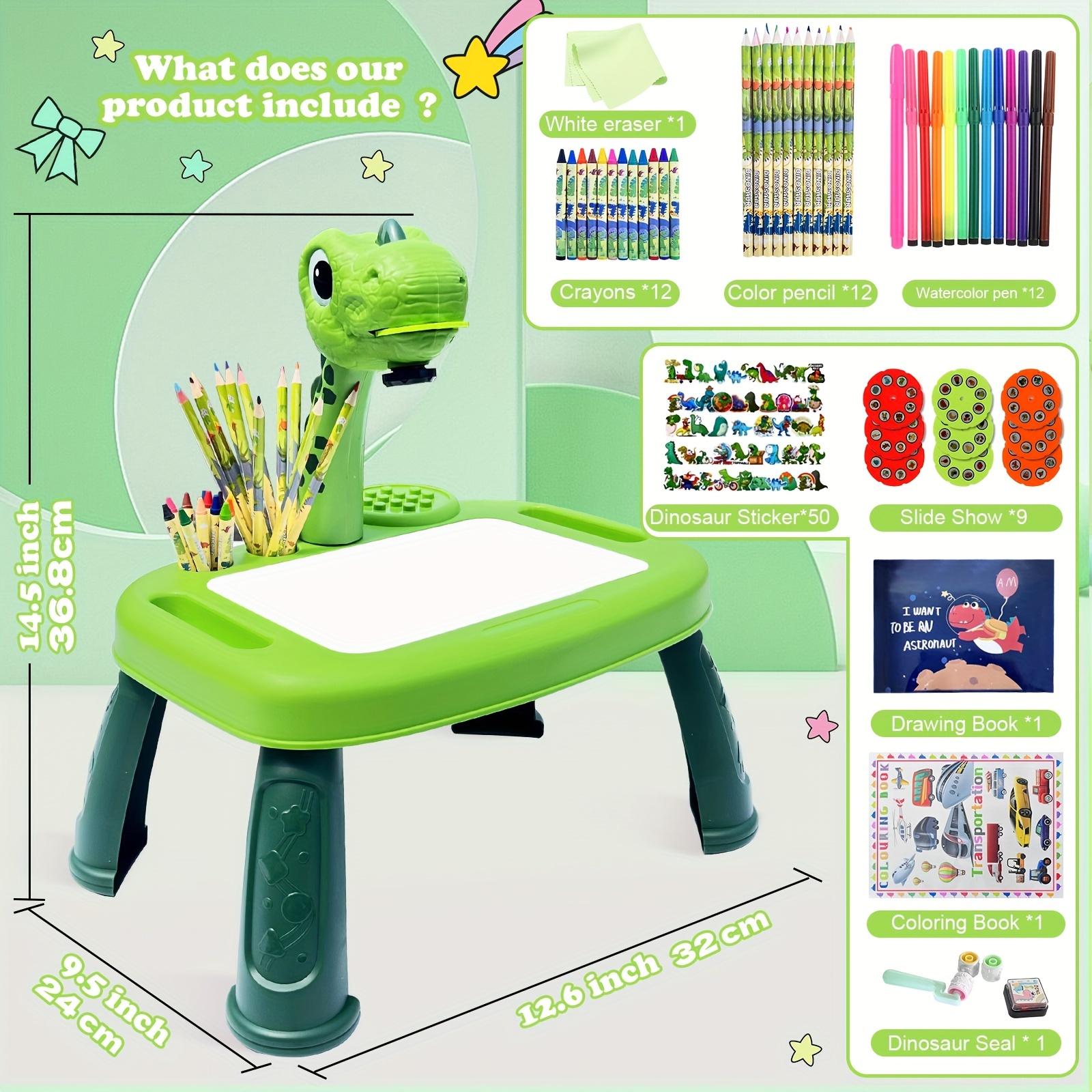 Dinosaur Theme Children's Drawing Projector Set - Green ABS Art and Craft Kit with LED Lights, Pencils, Watercolor Pens, Crayons, Scrapbook, Sticker Book, etc. - Suitable for Boys Aged 3 and Above