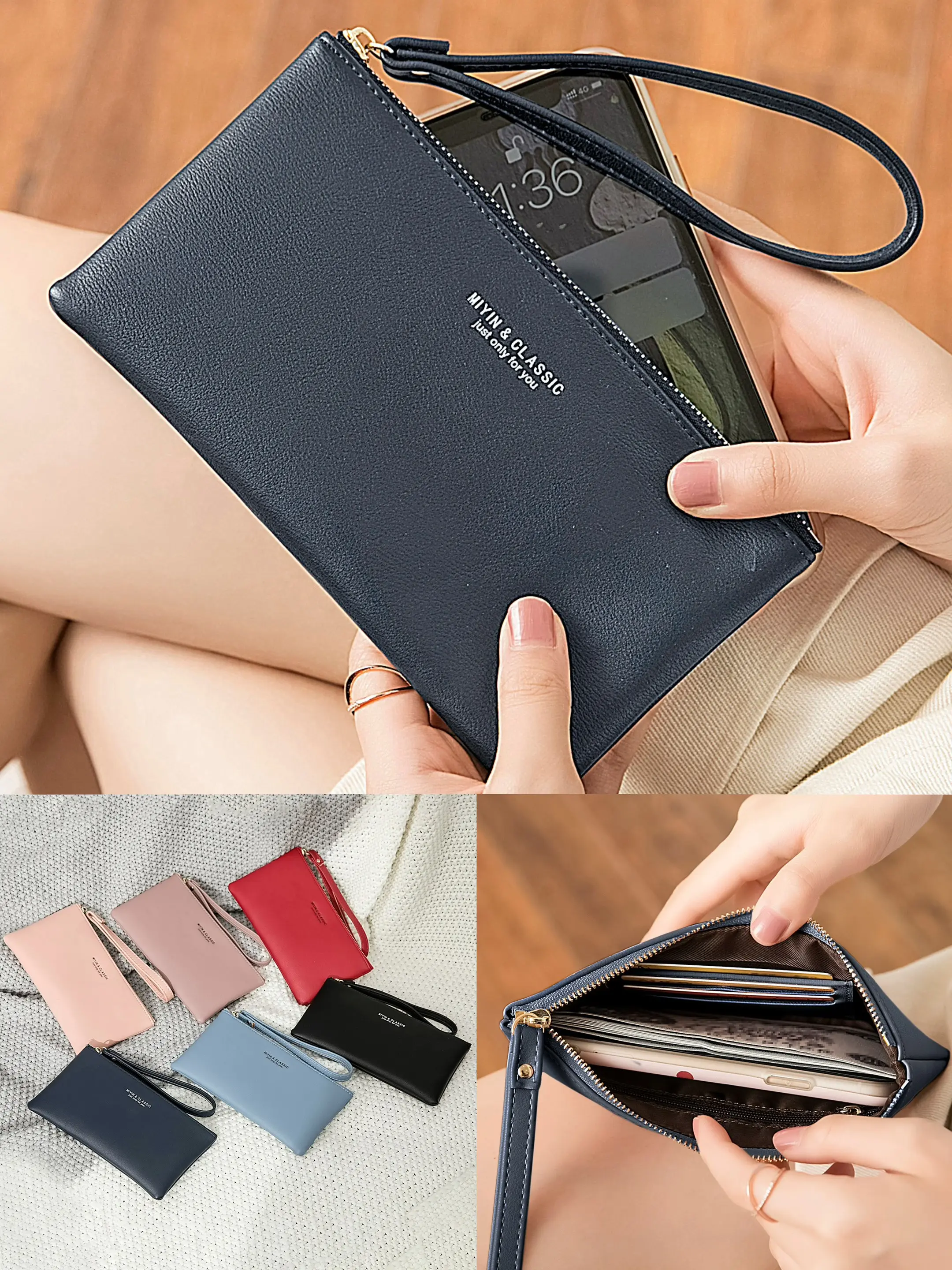 Women Solid Color PU Leather Wristlet Clutch, Minimalist Letter Print Long Zipper Wallet, Large Capacity Phone Purse With Wrist Strap, Multi‑Card Slots Cash Pouch for Daily Shopping Travel