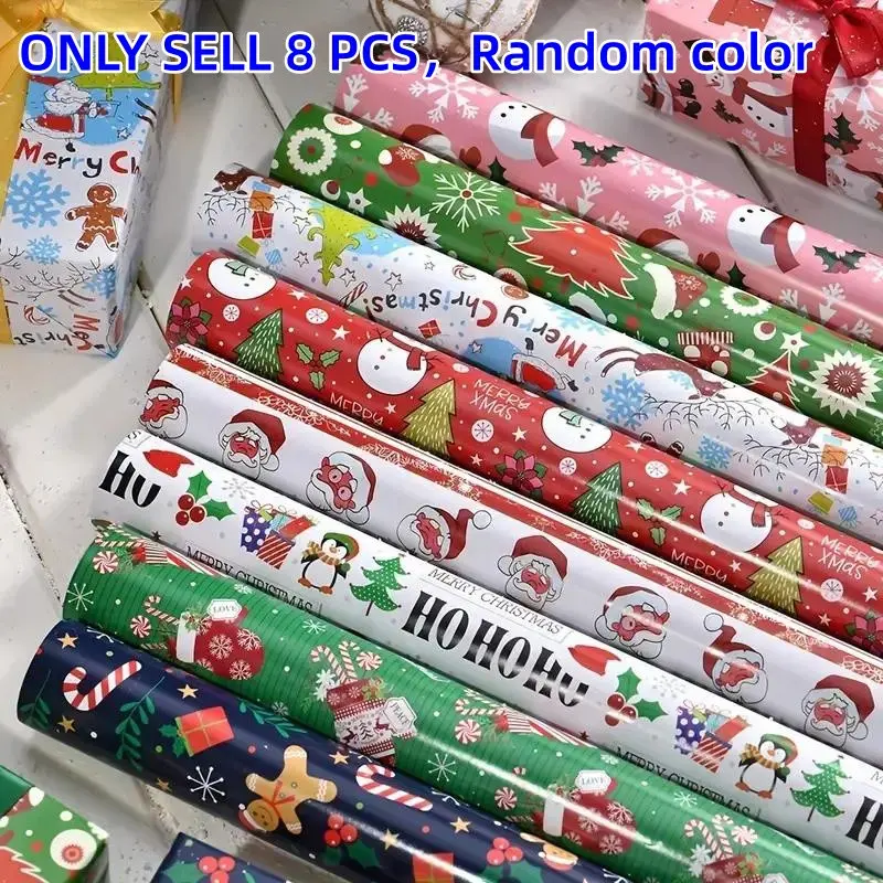 8-Piece Shiny Christmas Gift Wrapping Set, Dual-Layer Copper Paper Ribbon, Cartoon Santa and Tree Design, Festive Holiday Packaging