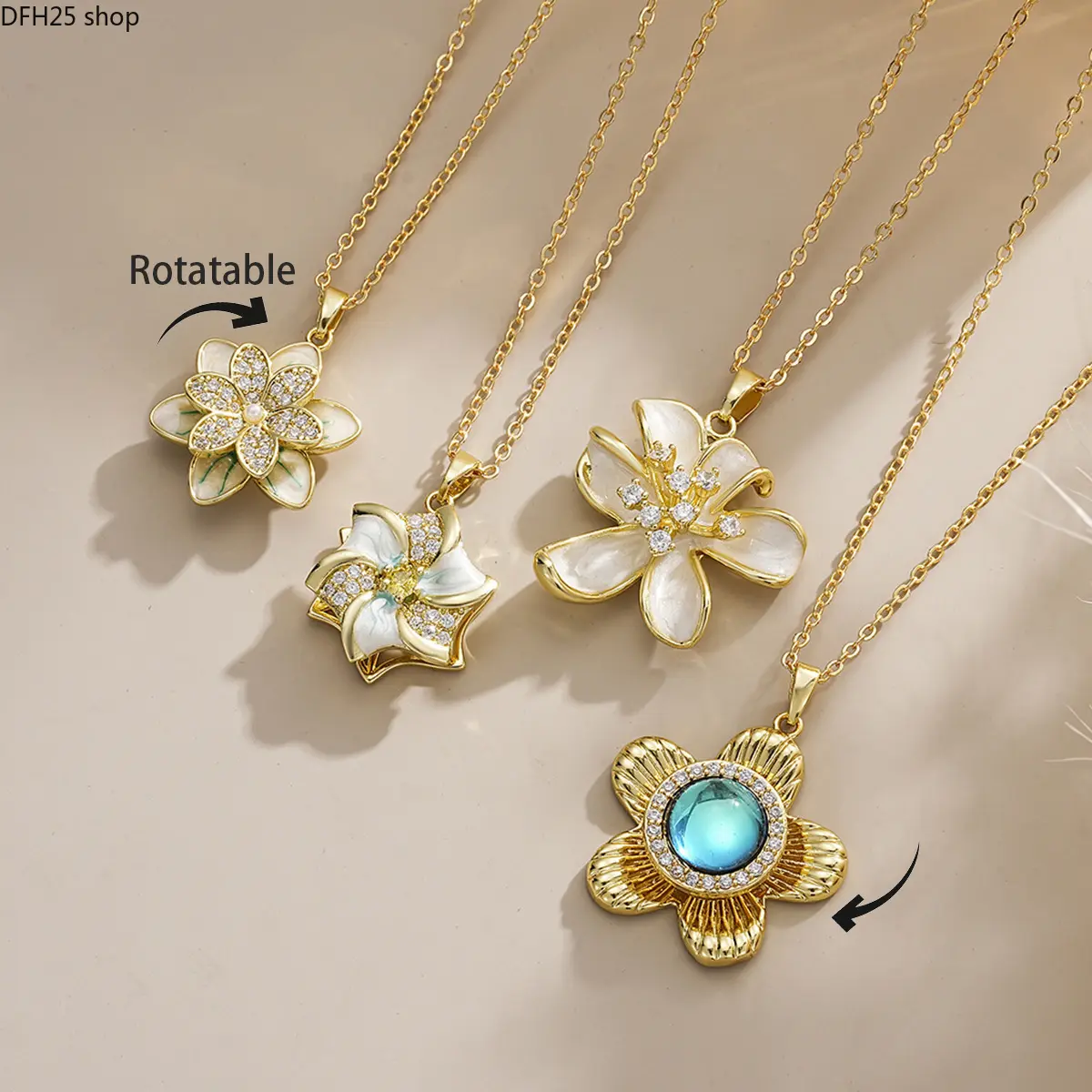Rotatable Flower Pendant Necklace for Women, Minimalist Enamel Floral Charm Necklace With Zircon Crystal Details, Gold Tone Titanium Steel Chain Jewelry, Unique Fidget Pendant Accessory for Daily Wear and Gift