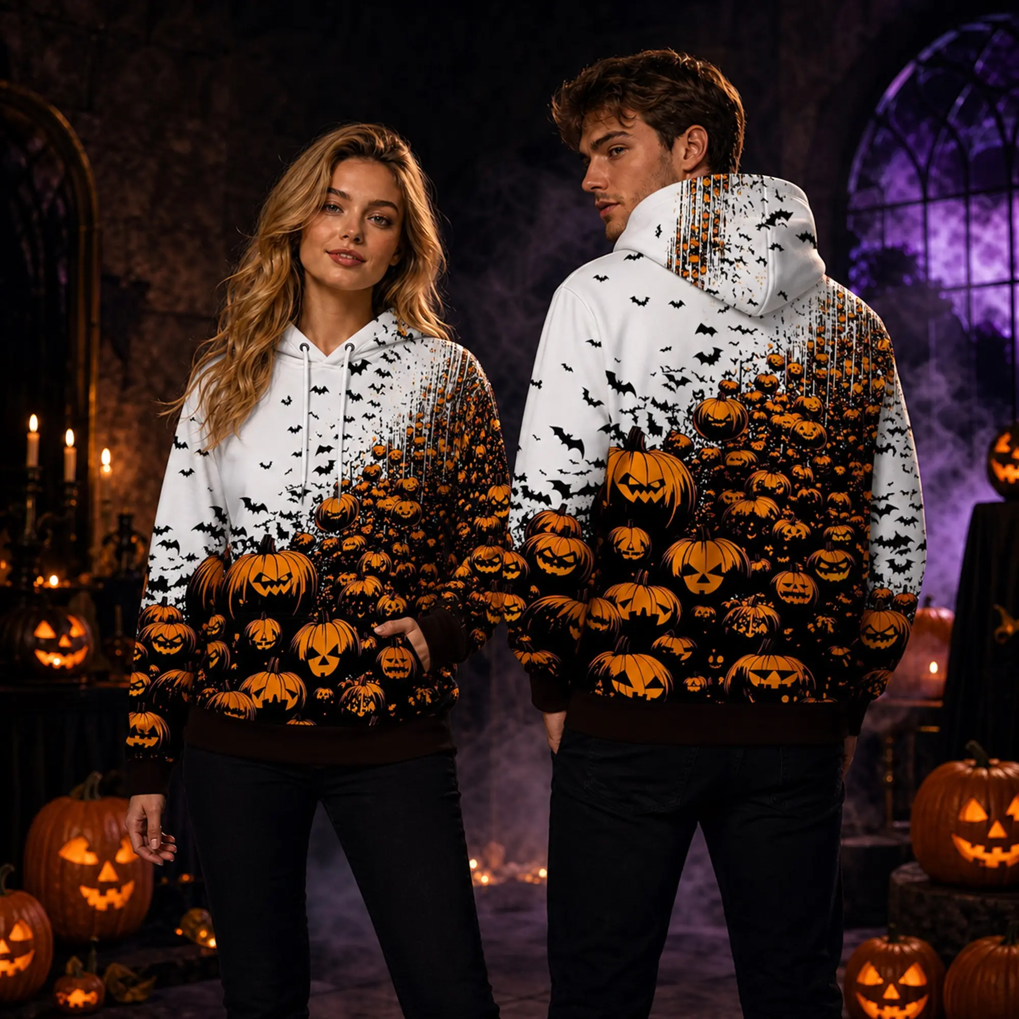 Halloween Ghost Hoodie for Women Men, Spooky Haunted House Pullover Hoodie with Moon Ghost Pumpkin Bat Graphic, Halloween Costume Outfit, Gothic Streetwear Sweatshirt, Scary Season Hoodie, Cozy Fall Pullover, Horror Aesthetic Clothing, Trick or Treat Part
