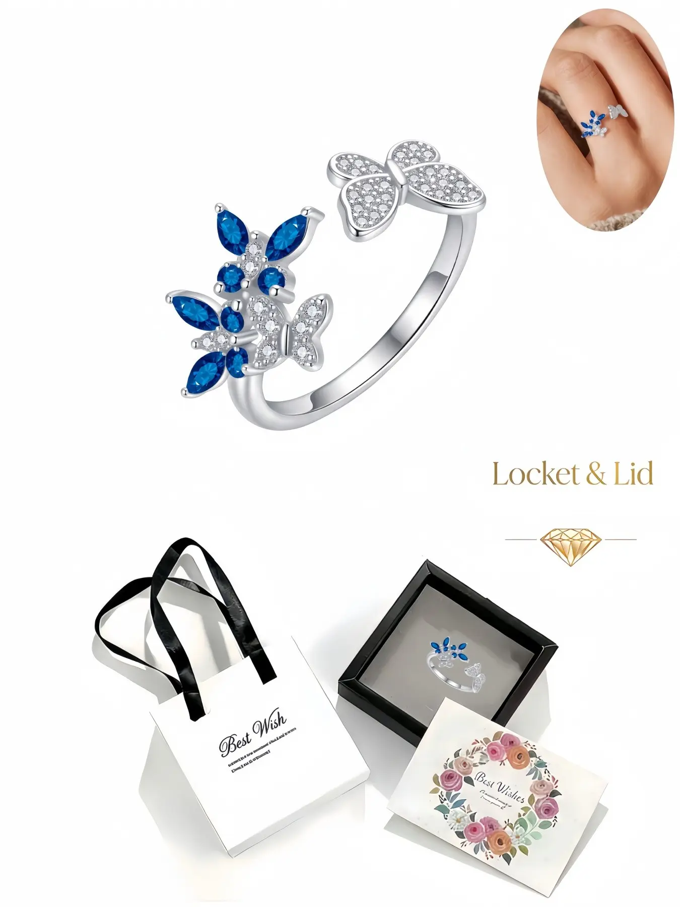 Dark Blue Stacked Butterfly Ring Luxury open adjustable ring inlaid with deep blue stones & diamonds. Comes with exquisite drawer jewelry box, a fine gift for women on birthdays, Mother's Day, Valentine's Day, Christmas and anniversaries.