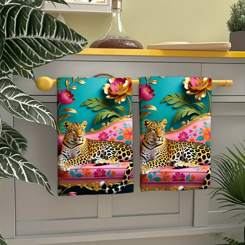 2Pcs Maximalist Leopard Kitchen Towels, Boho Floral Wild Animal Print Dish Towels, Ultra Soft Absorbent Polyester Hand Towels, Teal & Pink Decorative Towels for Kitchen Bathroom