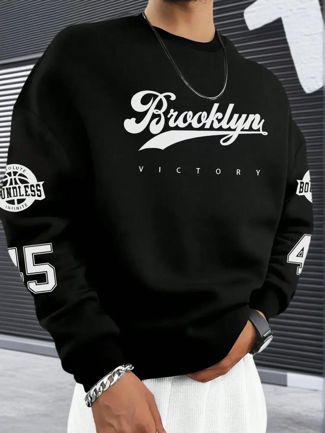 Brooklyn Print Men's Round Neck Sweatshirt, American Vintage Street Style Long Sleeve Pullover, Four Colors Available