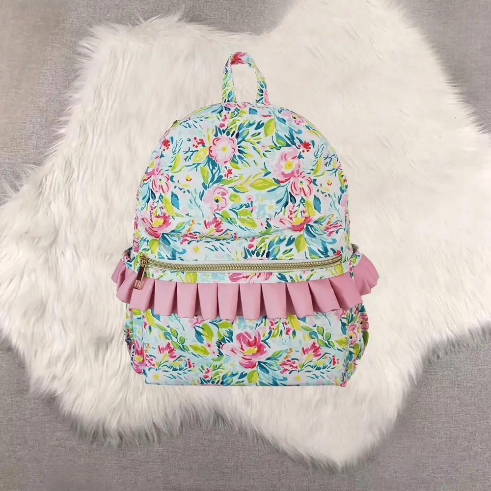 New Clothes Floral Print Backpack with Pink Ruffles and Zipper Closure for Girls