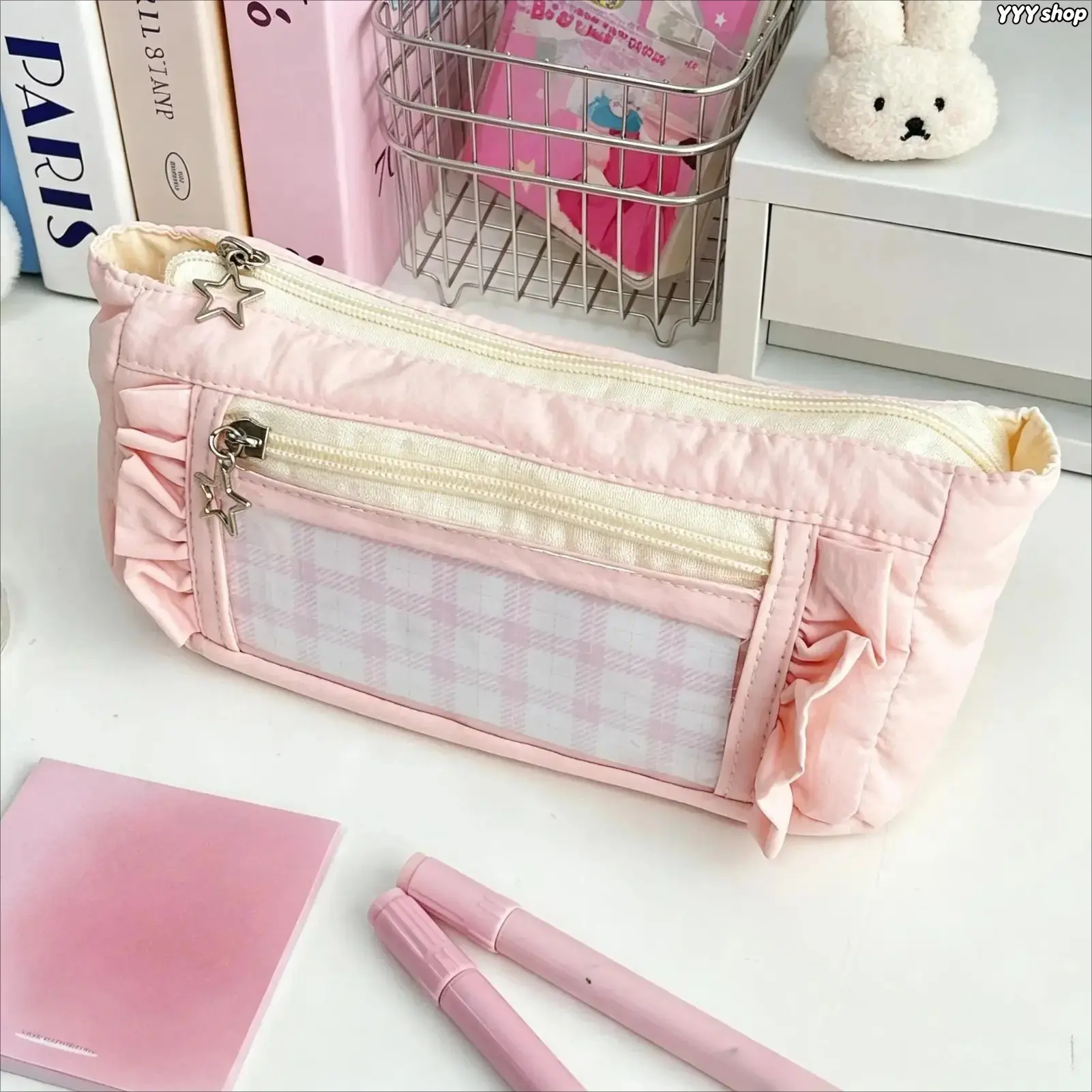 Kawaii Pastel Plaid Ruffle Pencil Case With Star Charm, Large Capacity Double Zipper Stationery Pouch With Clear Window, Cute Aesthetic Pen Organizer Bag For School Supplies, Travel And Desktop Storage