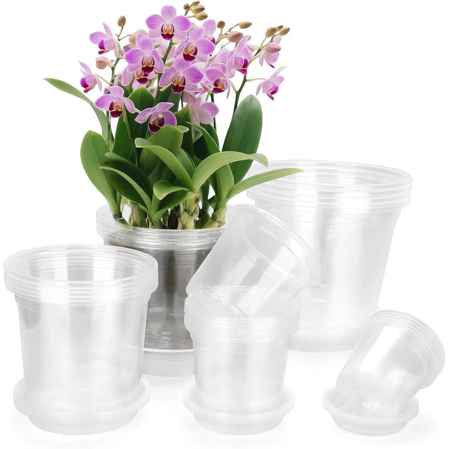 7/6/5/4/3 Inch Clear Nursery Pots with Drainage Trays, 25 Pack Plastic Pots for Plants, Clear Pot for Seed Starting, Transplanting, Succulents, and Indoor Gardening (3+4+5+6+7 inch)