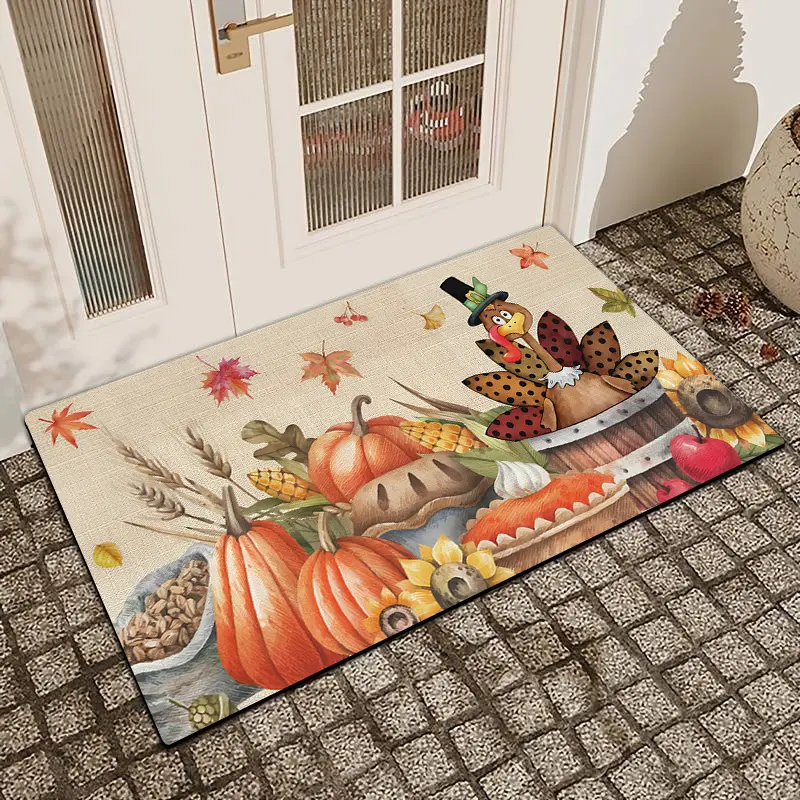 1 Thanksgiving-Themed Pumpkin And Turkey Doormat With Linen Surface, Diatomaceous Mud For Anti-Slip And Water Absorption, Suitable For Entrance, Kitchen, Dining Room, And Bathroom Decoration, As Well As Festive Home Decoration