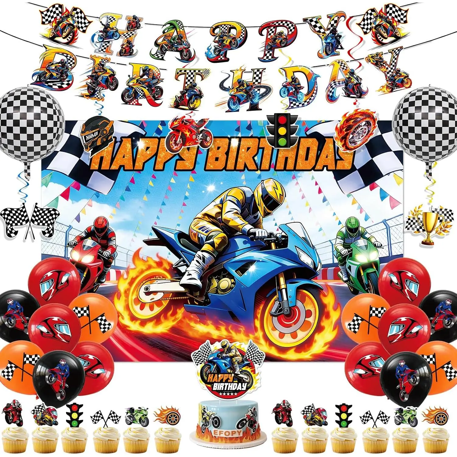 Motorcycle Birthday Party Decorations Street Bike Motocross Sport Bike Happy Birthday Backdrop Banner Cake Toppers Balloons for Motorcycle Party Supplies (Motorcycle Party)