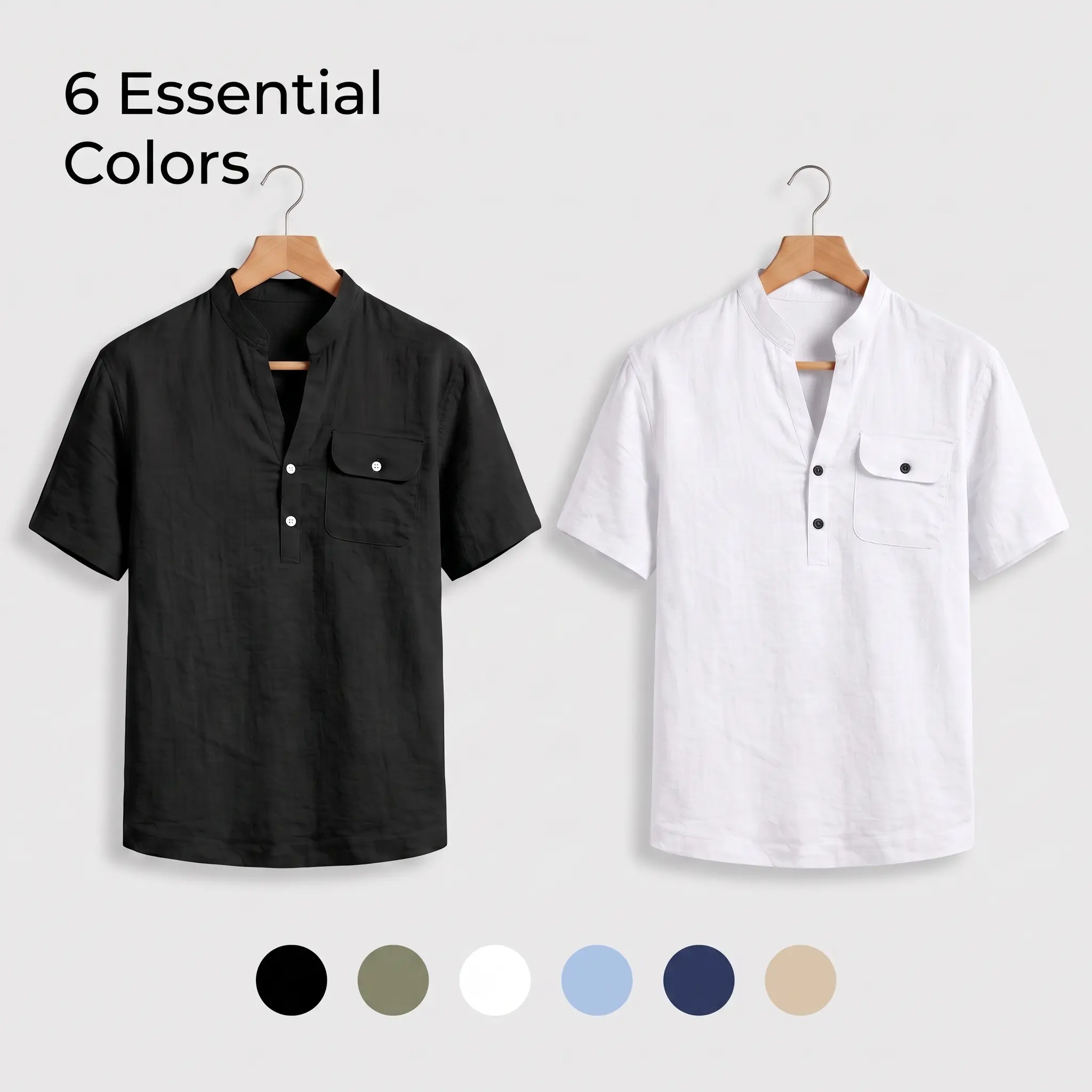 Men's Linen Blend Collared Henley Shirts - Short Sleeve Mandarin Collar, Pocket, Breathable, Wrinkle-Resistant Office Casual Workwear Top, Collared Shirts