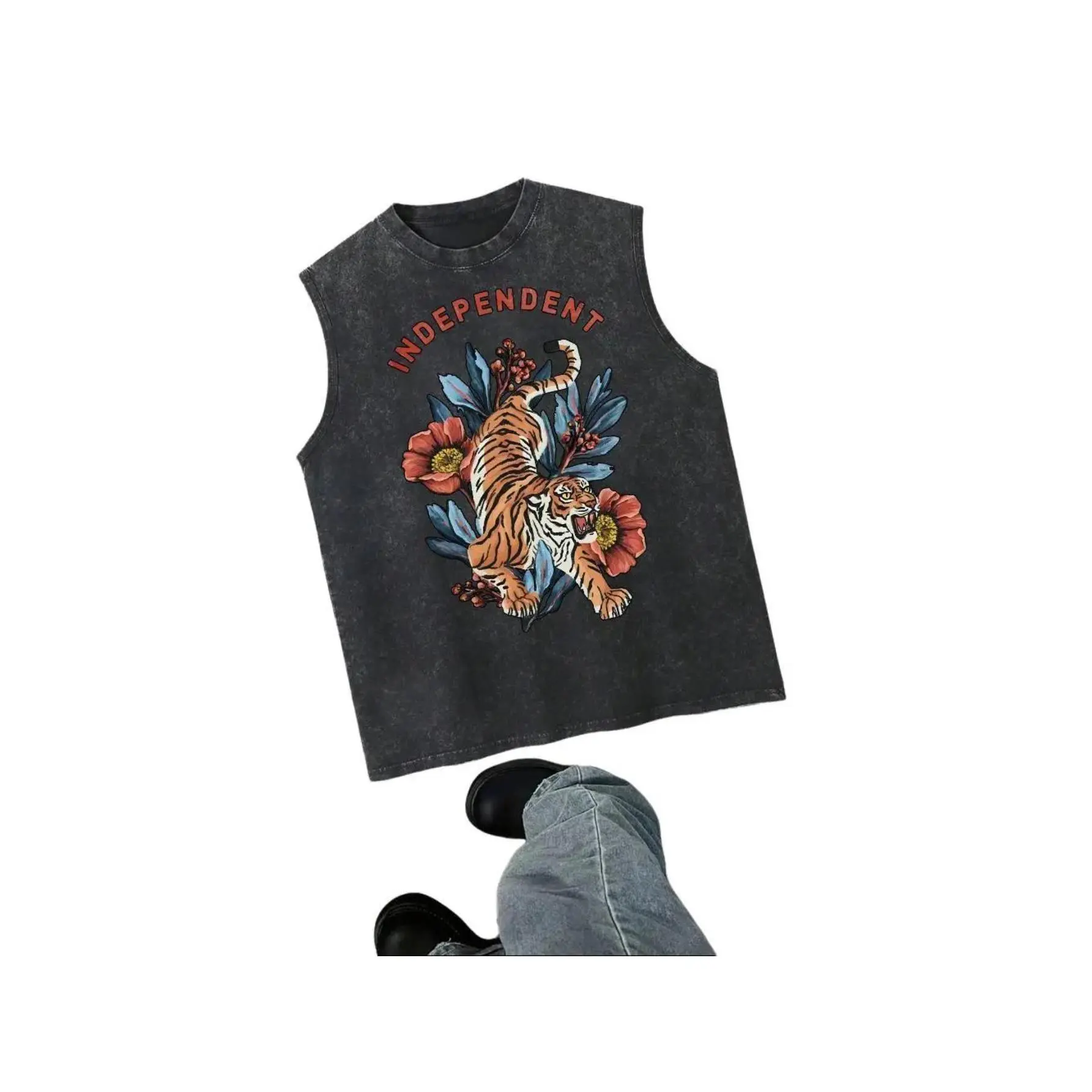 Men'S Vintage Washed Tank Top With Floral Tiger Head Print, Unique Creative Design, Machine Washable, Vintage High Street Style Casual Streetwear Vintage Plus-Size Washed Vest, 2026 Street Fashion Trend, Plus Size