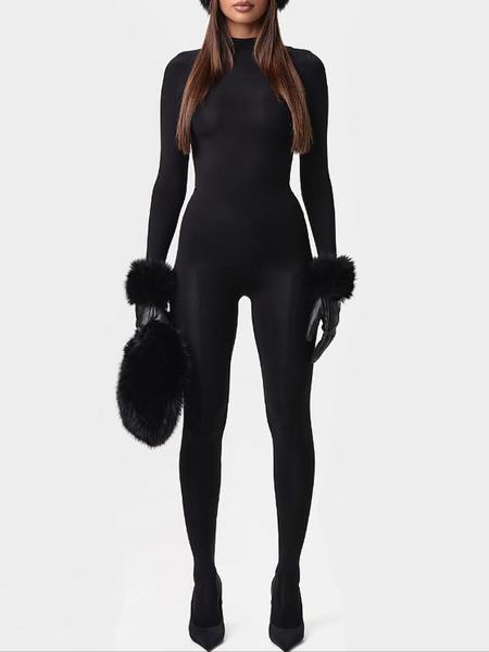 Women's Cute Plush Patchwork Bodysuit, High Neck Warm Skin-Friendly Tight Fit Jumpsuit, Casual Winter Wear, Long Sleeve One-Piece