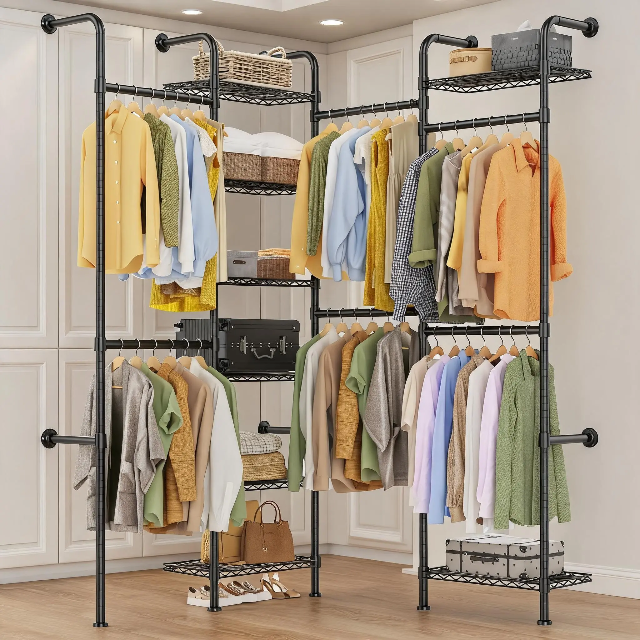 Wall-Mounted Closet System Clothes Rack Organizer - Heavy-Duty Carbon Steel Pipe - 2 Expandable Hanging Rods 23.62–35.43 in - 8-Tier Wire Shelves