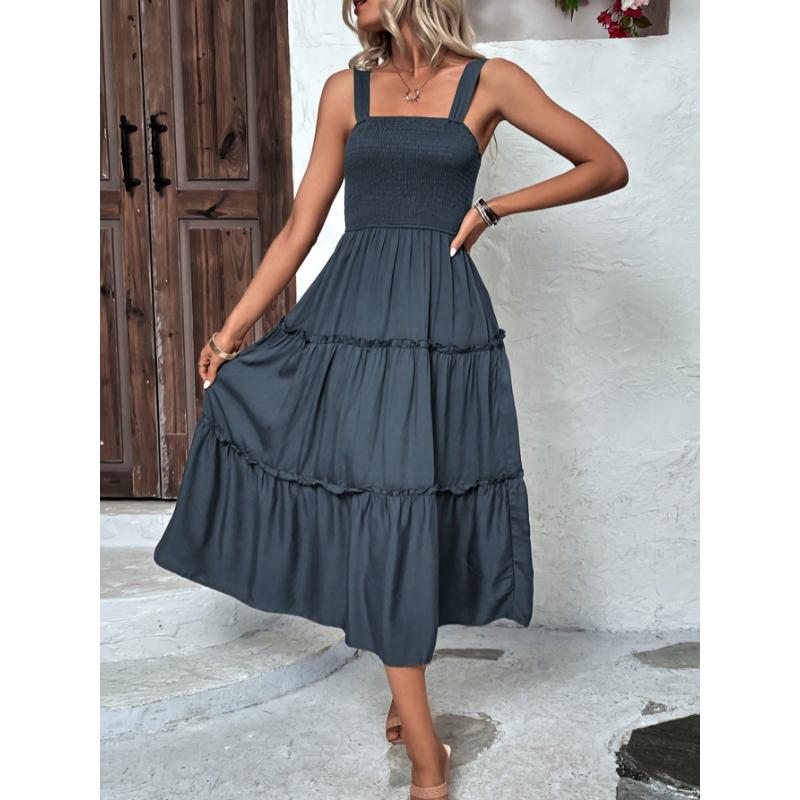 SHEIN Clasi Shirred Bodice Ruffle Hem Cami Dress Maxi Women Outfit