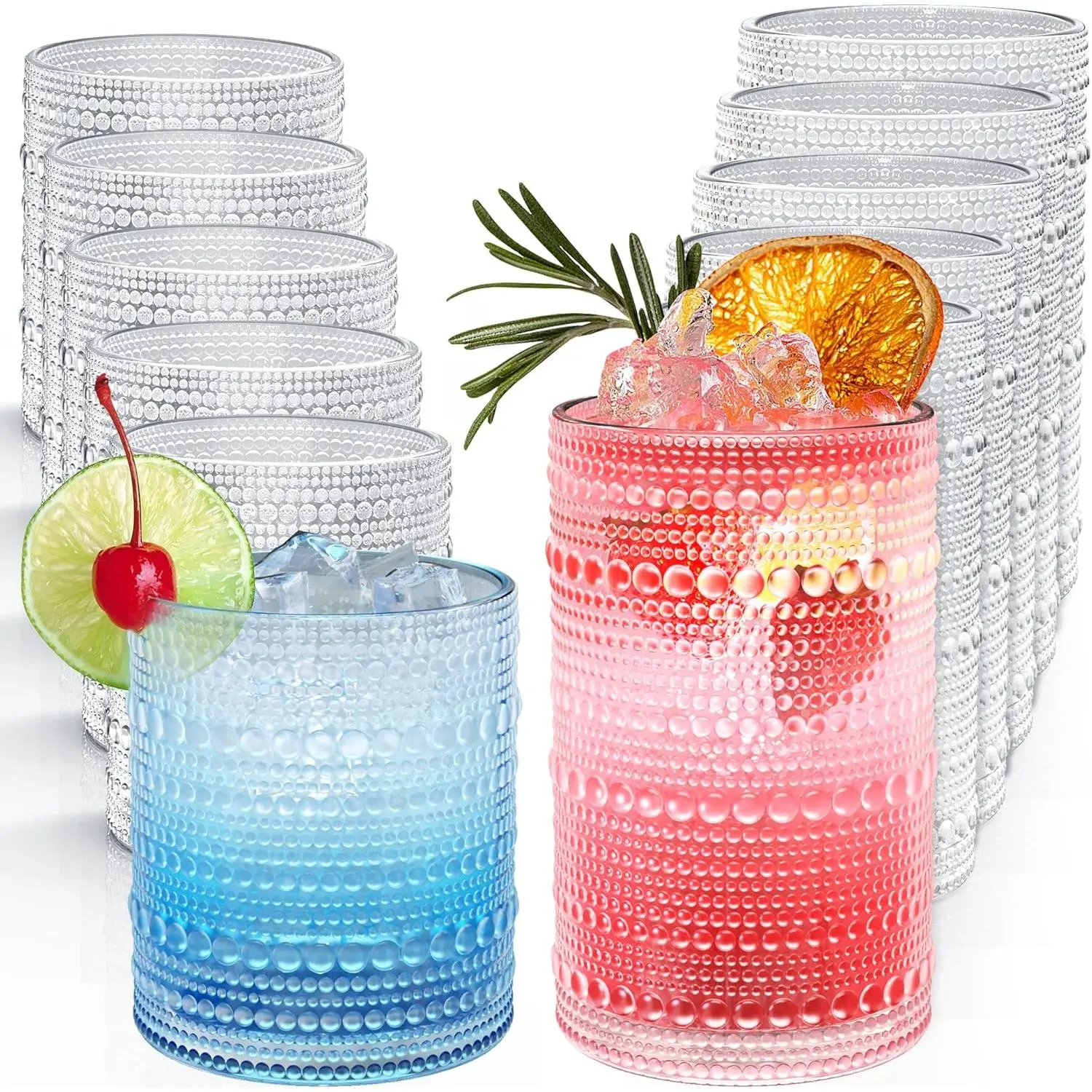 Vintage Hobnail Drinking Glasses Set of 12, 12 oz Highball Glasses & 10 oz Cocktail Glasses, Embossed Clear Glass Cups, Multipurpose Kitchen Bar Glassware for Beer, Juice, Cocktail, Whiskey