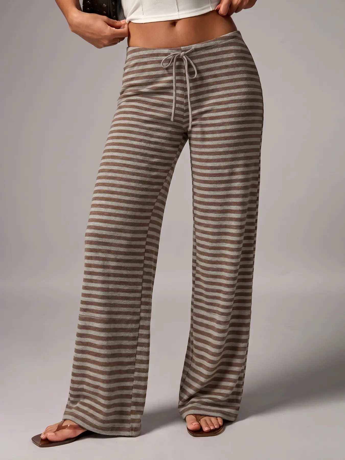 Y2K Striped Horizontal Stripe Drawstring Waist Wide Leg Pants Loose Full Length Casual Chic Trousers Casual Fashion Trousers Perfect For Streetwear, Lazy Daily Style, Outdoor Stroll And Home Loungewear Outfits