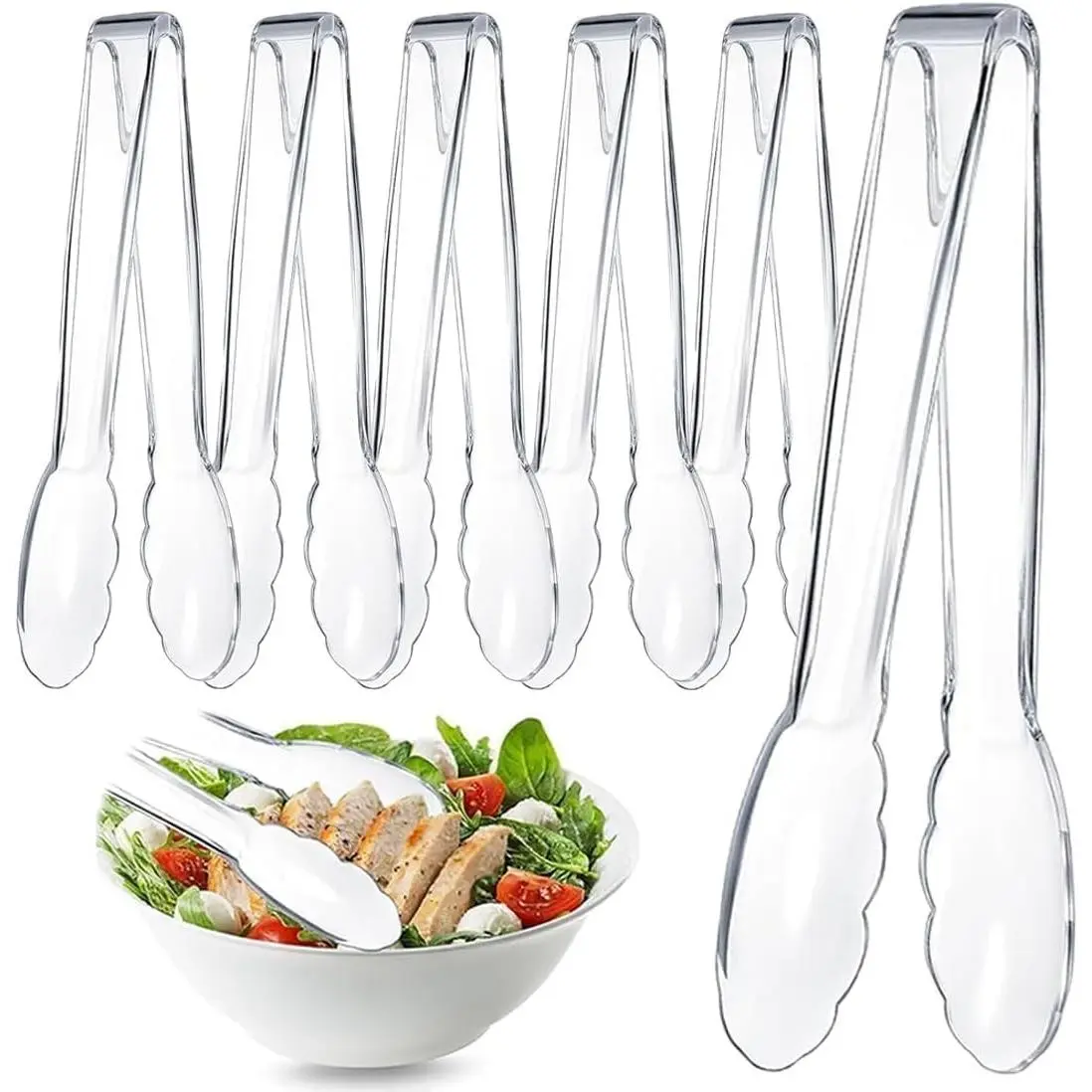 6 Pcs Clear Kitchen Tongs, Plastic Disposable for Serving Food, Ice, Salad, Barbecue, Cookies, BPA-Free(8.85 Inch) (6 X 8.85")