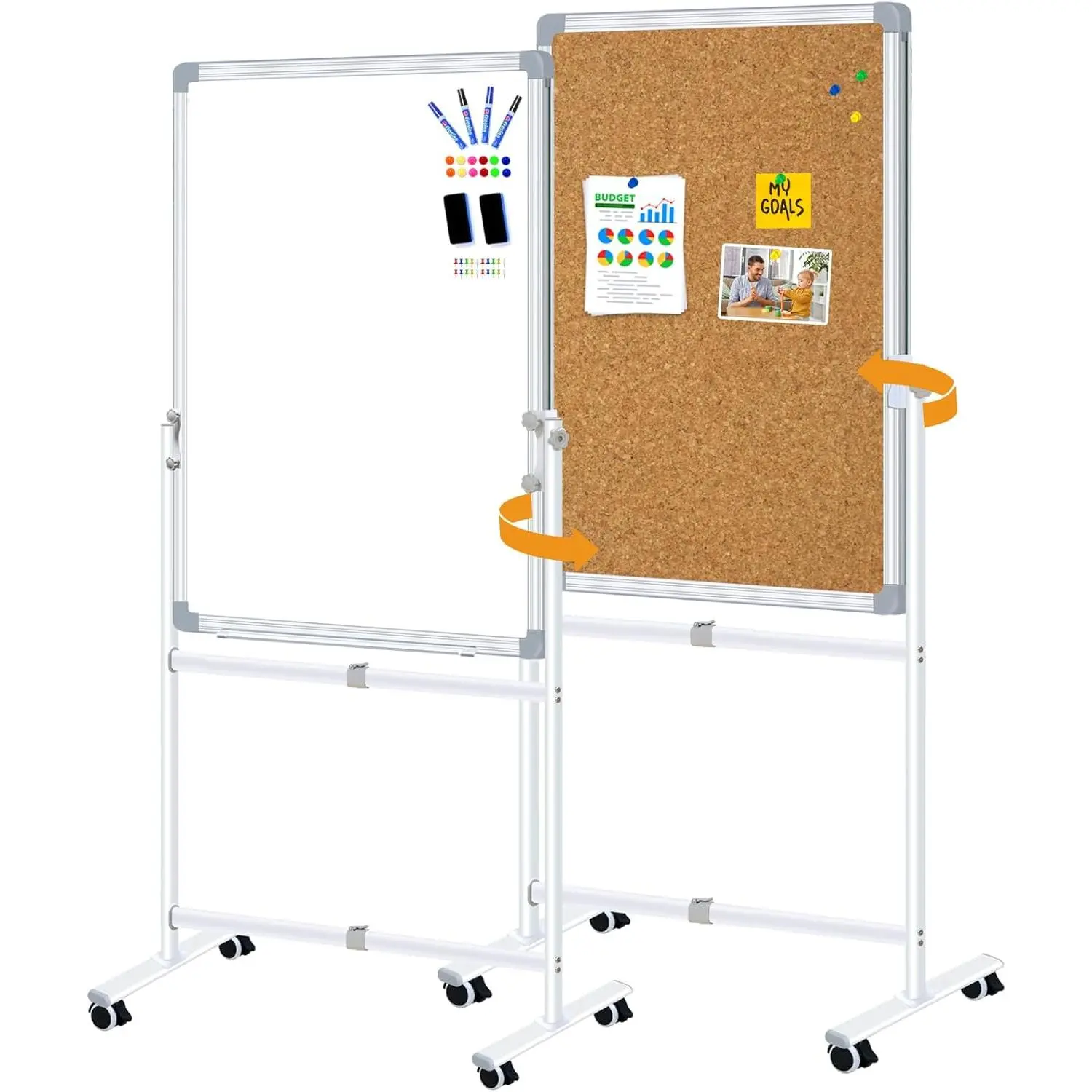 Double Sided Cork Board and White Board 24"x36" Mobile Whiteboard with Stand, Adjustable Height and Angle  Rolling Dry Erase Board  Wheels for Office, School,