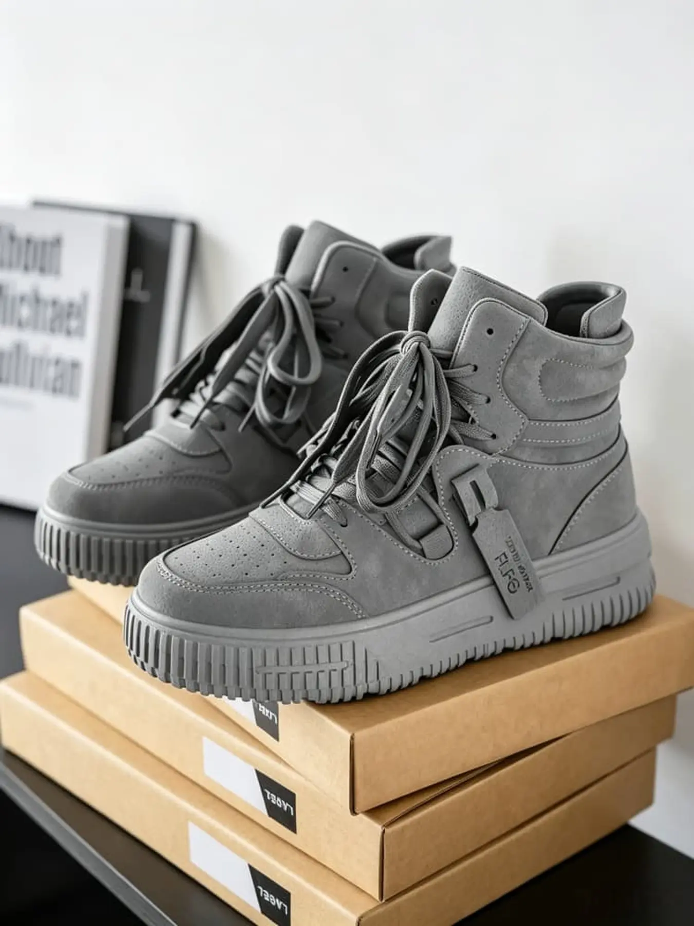 Men Street Commute High Top Sneakers Functional Workwear Style Chunky Height Increase Non Slip Wear Resistant Versatile